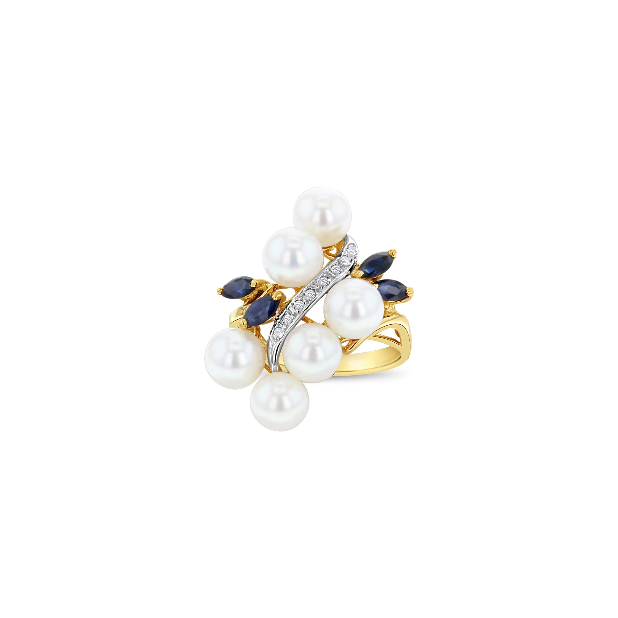 14k Yellow Gold Freshwater Pearl Sapphire Diamond Cluster Ring – Elegant Jewelry for Weddings, Anniversaries & Special Occasions
