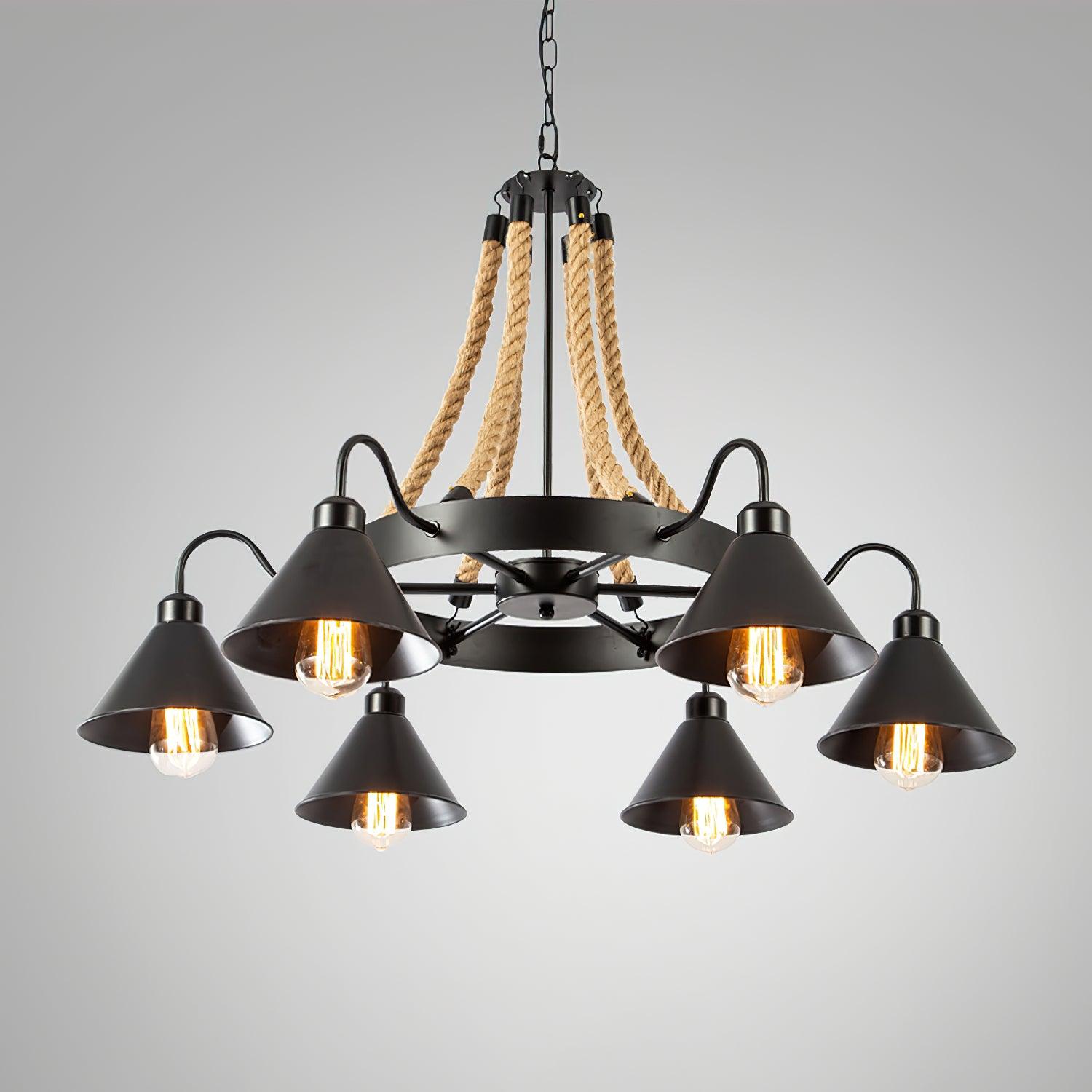 Industrial Hemp Rope Chandelier with Horn Accents - Rustic Farmhouse Lighting for Dining Room, Bedroom or Cabin Decor