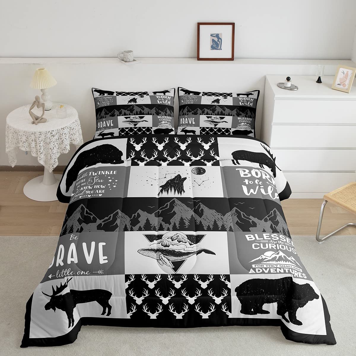 Deer Antlers Silhouette Comforter Set Twin - 2 Piece Camping Adventure Bedding for Kids, Teens & Adults - Wild Animal Rustic Quilt with Lattice Black Grey Duvet & Pillowcase - Perfect for Cabin, Lodge & Outdoor Themed Bedrooms