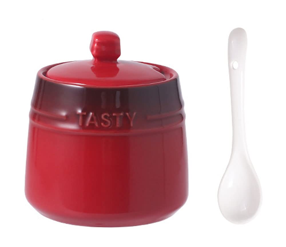 Vibrant Red Ceramic Spice Jar with Lid & Spoon - Airtight Seasoning Storage Container for Kitchen, Sugar Bowl, Condiment Pot - Perfect for Cooking, Baking & Pantry Organization