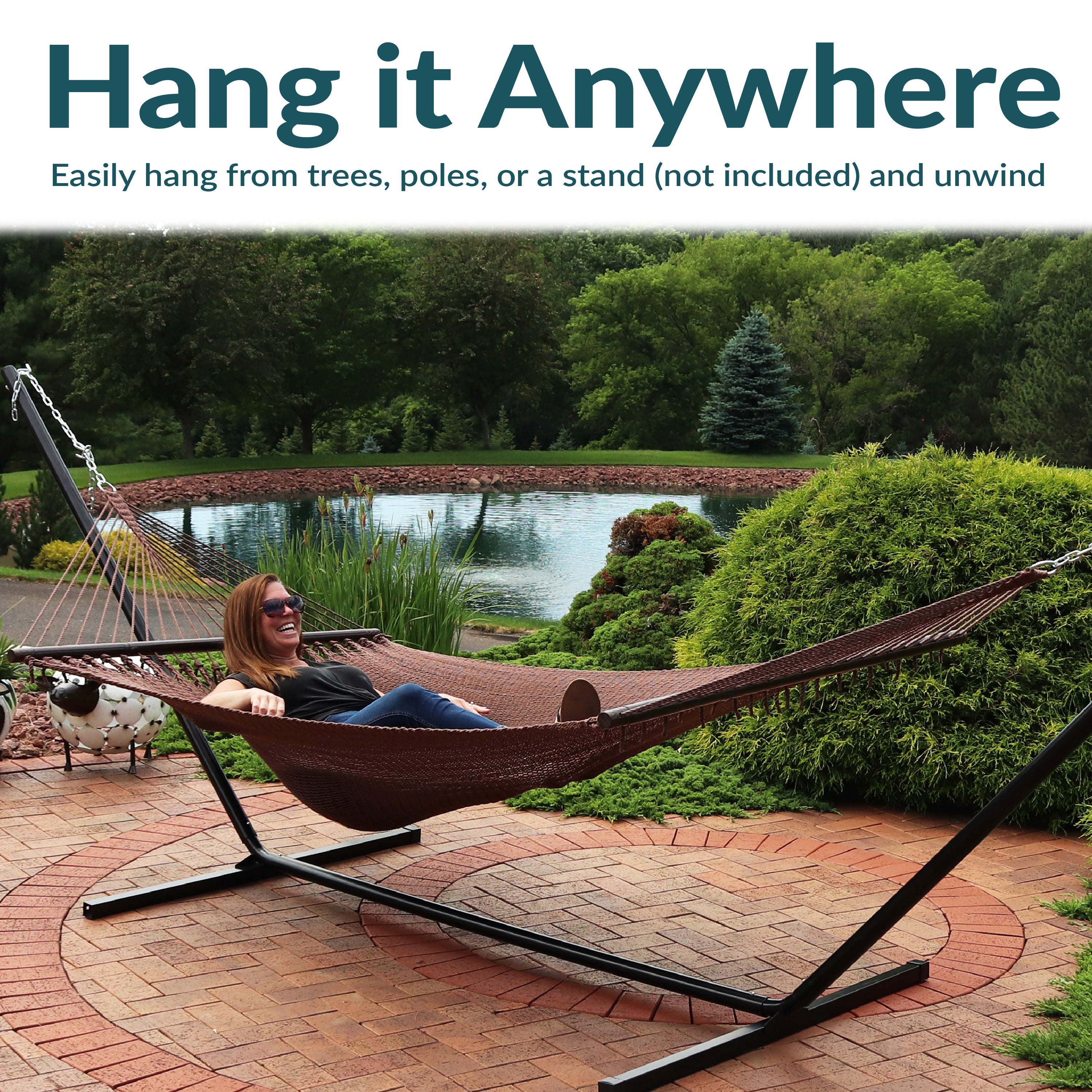 Sunnydaze Large 2-Person Polyester Rope Hammock with Spreader Bars - Durable Outdoor Hanging Bed for Backyard, Patio, Beach & Camping Relaxation