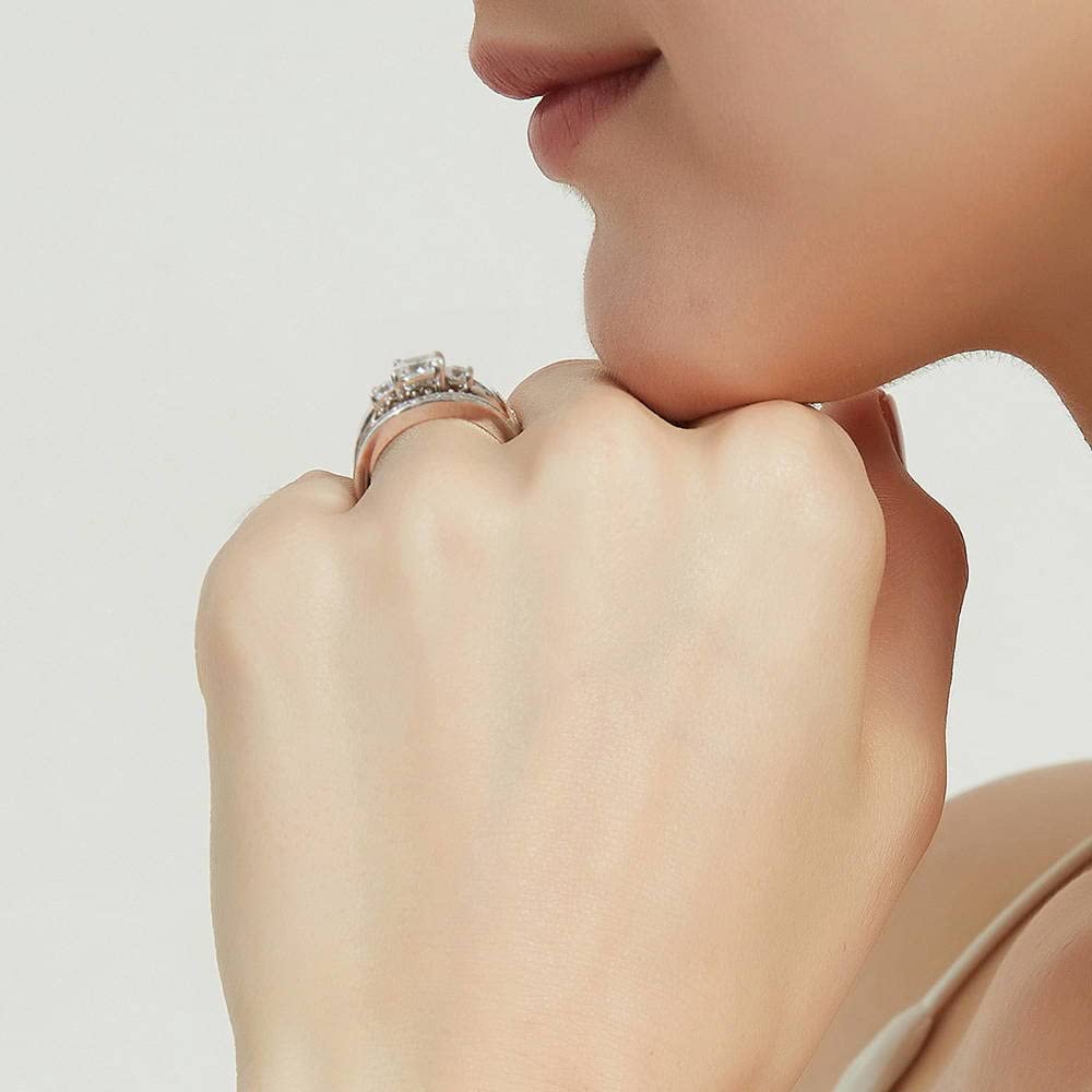 BERRICLE Sterling Silver 3-Stone Wedding & Engagement Ring Set 1.5 Carat Cushion Cut Cubic Zirconia CZ for Women, Rhodium Plated Size 4-10 - Perfect for Proposals, Anniversaries & Bridal Jewelry Gifts