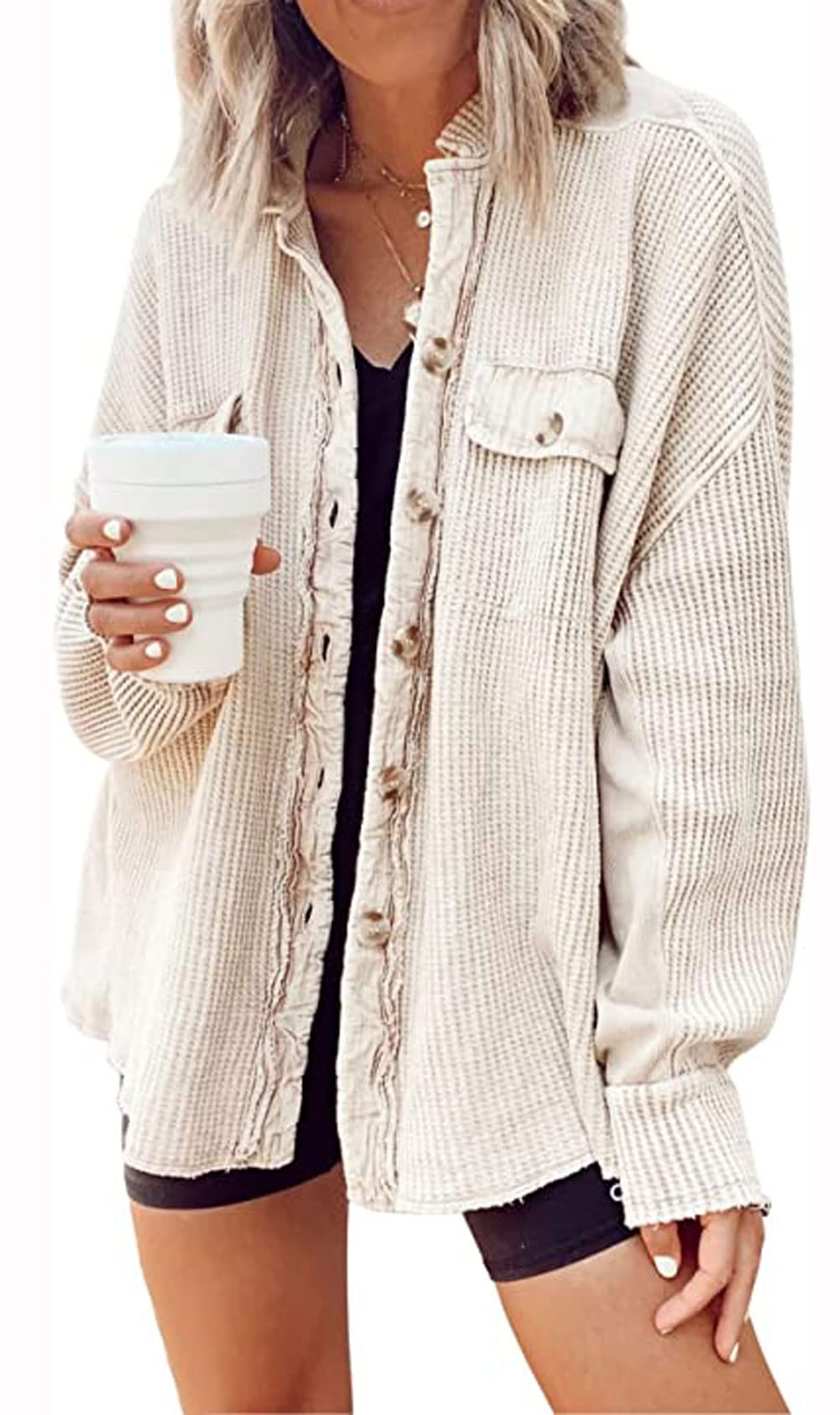 Loveimgs Women's Oversized Waffle Knit Corduroy Shacket - Long Sleeve Button Down Shirt Jacket for Fall | Casual Outfit, Layering Piece & Cozy Outerwear
