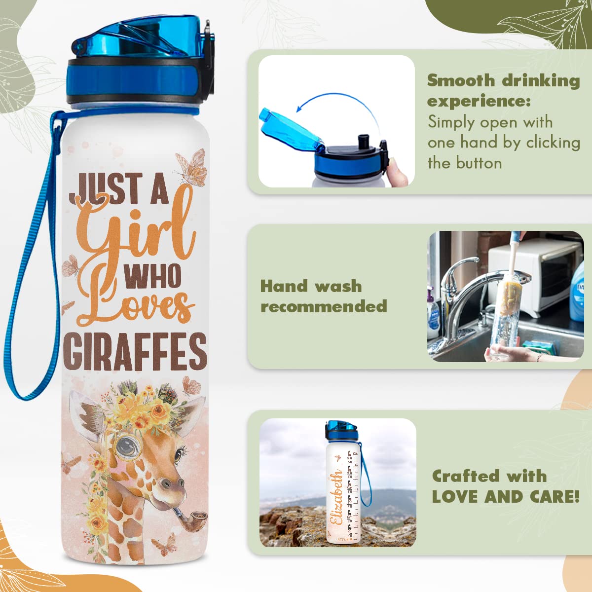 Wowcugi Personalized 32oz Giraffe Water Bottle with Time Marker - Custom Sports & Workout Bottle for Women, Girls, Kids & Teens - Perfect Gift for Giraffe Lovers - Ideal for Gym, School, Office & Outdoor Activities