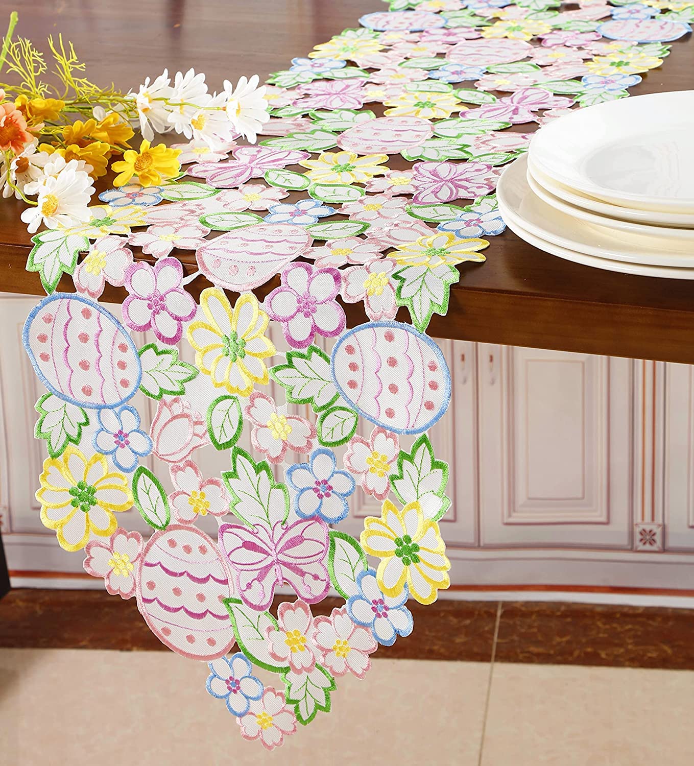 Easter Spring Floral Table Runner - Embroidered Cutwork Eggs & Butterflies Design - 13x83 Inch Holiday Dining Decor for Kitchen, Home, Party (Perfect for Easter, Spring Celebrations & Festive Gatherings)