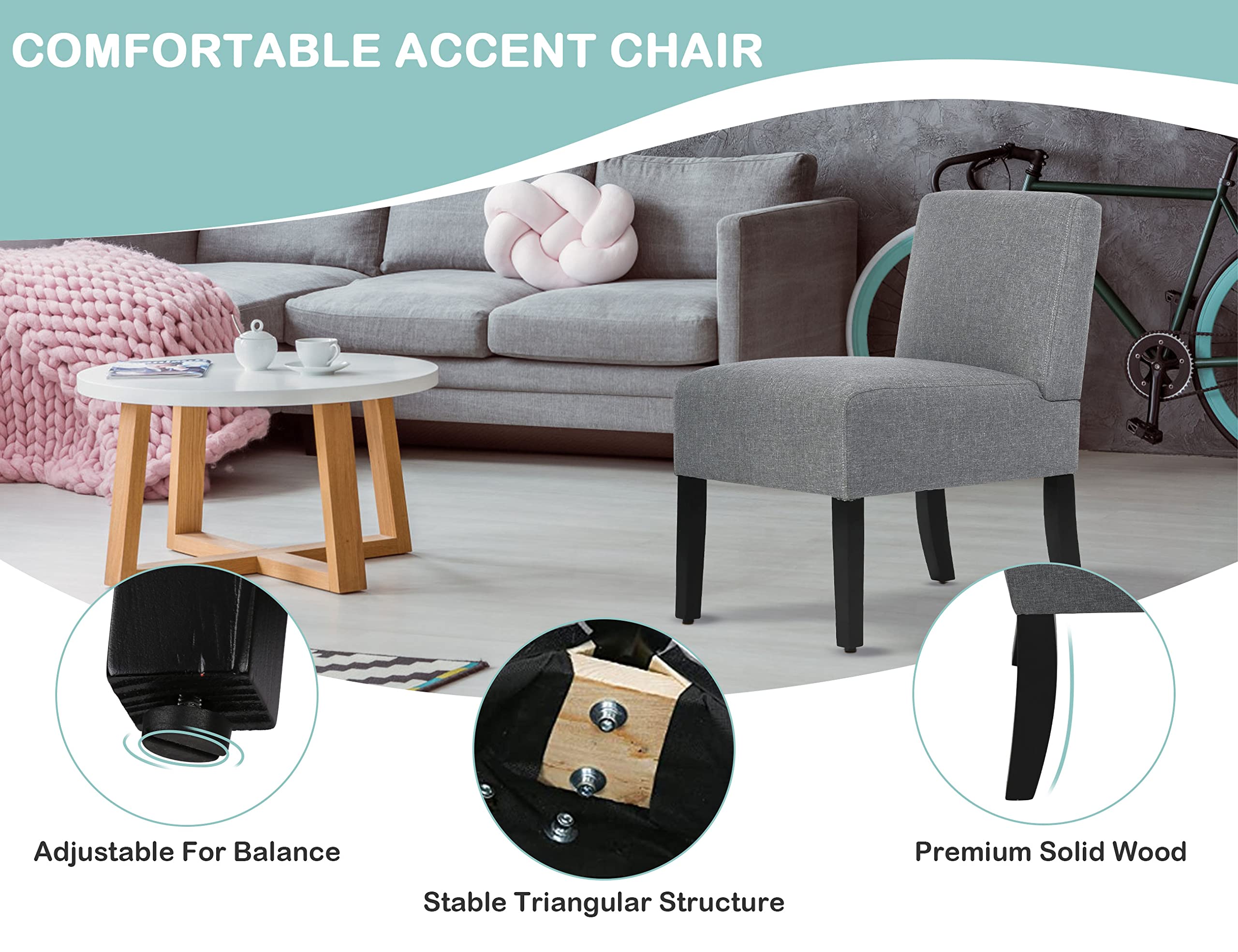 Modern Accent Chair Set of 2 - Grey Armless Living Room Chairs with Thick Cushion for Bedroom, Office & Small Spaces - Perfect for Reading Nook, Guest Seating or Lounge Area