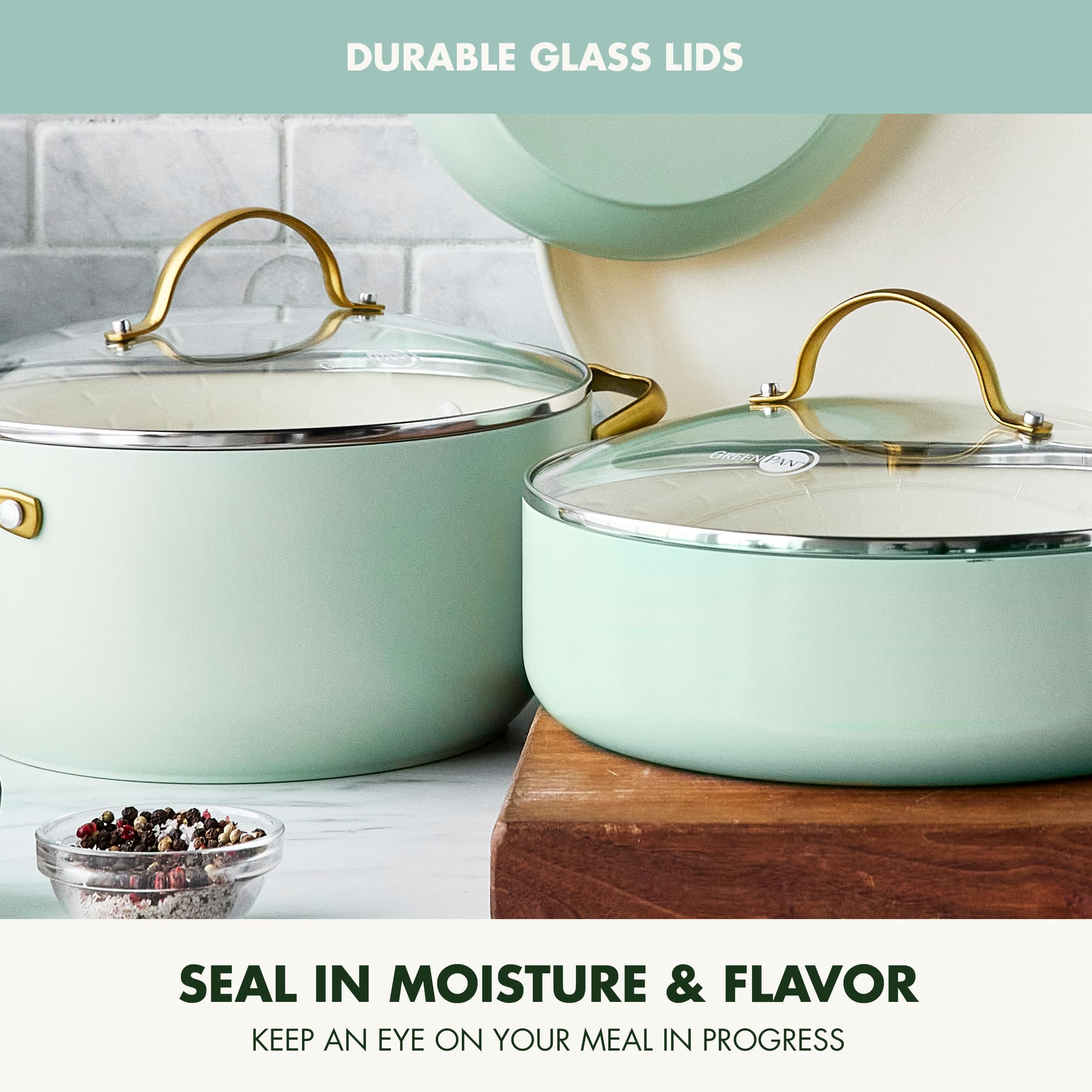 GreenPan Reserve Hard Anodized 10-Piece Nonstick Cookware Set - PFAS & PFOA-Free Ceramic Coating, Gold Stainless Steel Handles, Dishwasher & Oven Safe (Julep Green) - Perfect for Healthy Cooking, Family Dinners & Professional Chefs