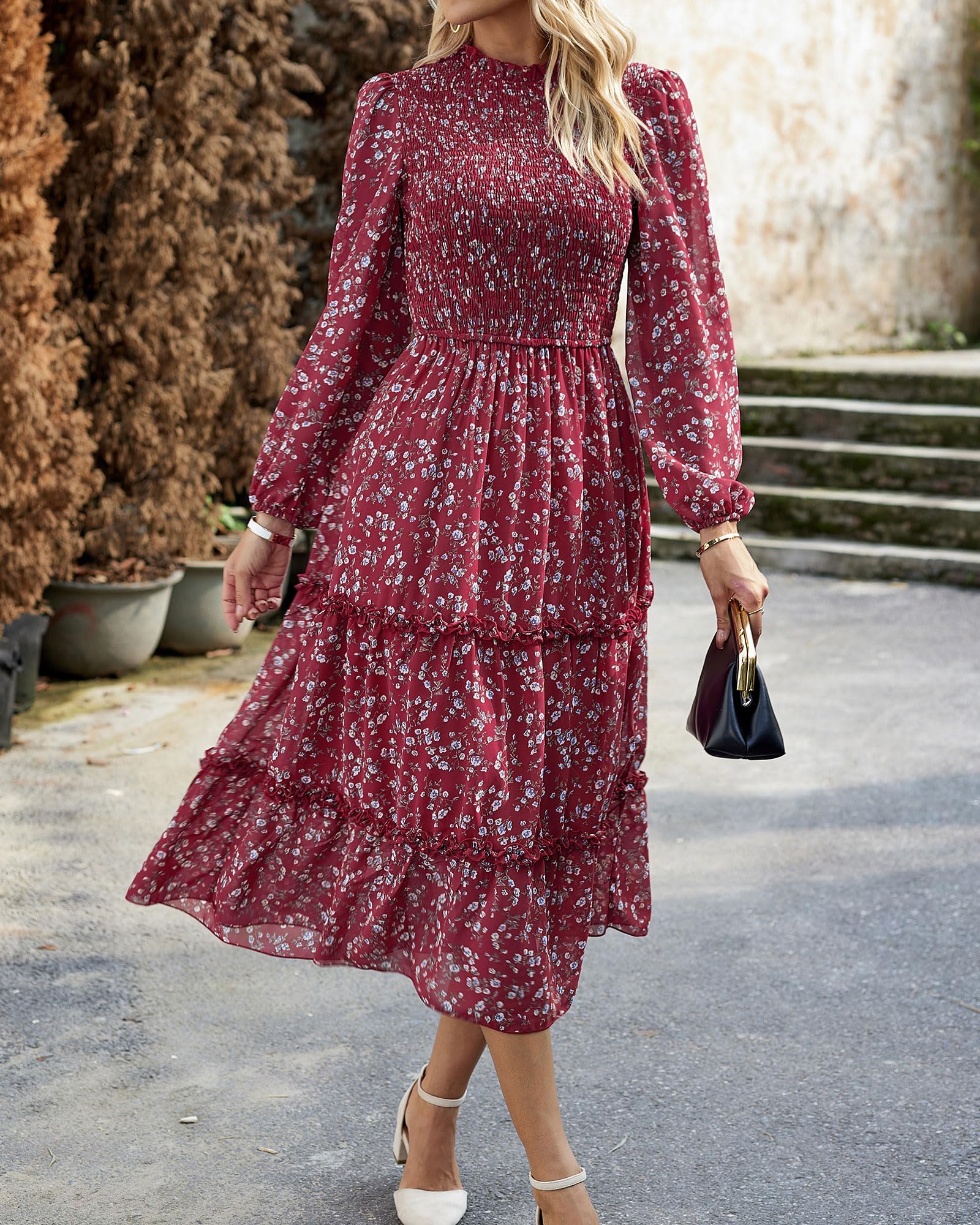 NOLLSOM Women's Floral Boho Maxi Dress 2025 - Long Sleeve Crew Neck A-Line Ruffle Wedding Guest Dress for Spring | Perfect for Beach Vacations, Garden Parties & Casual Outings