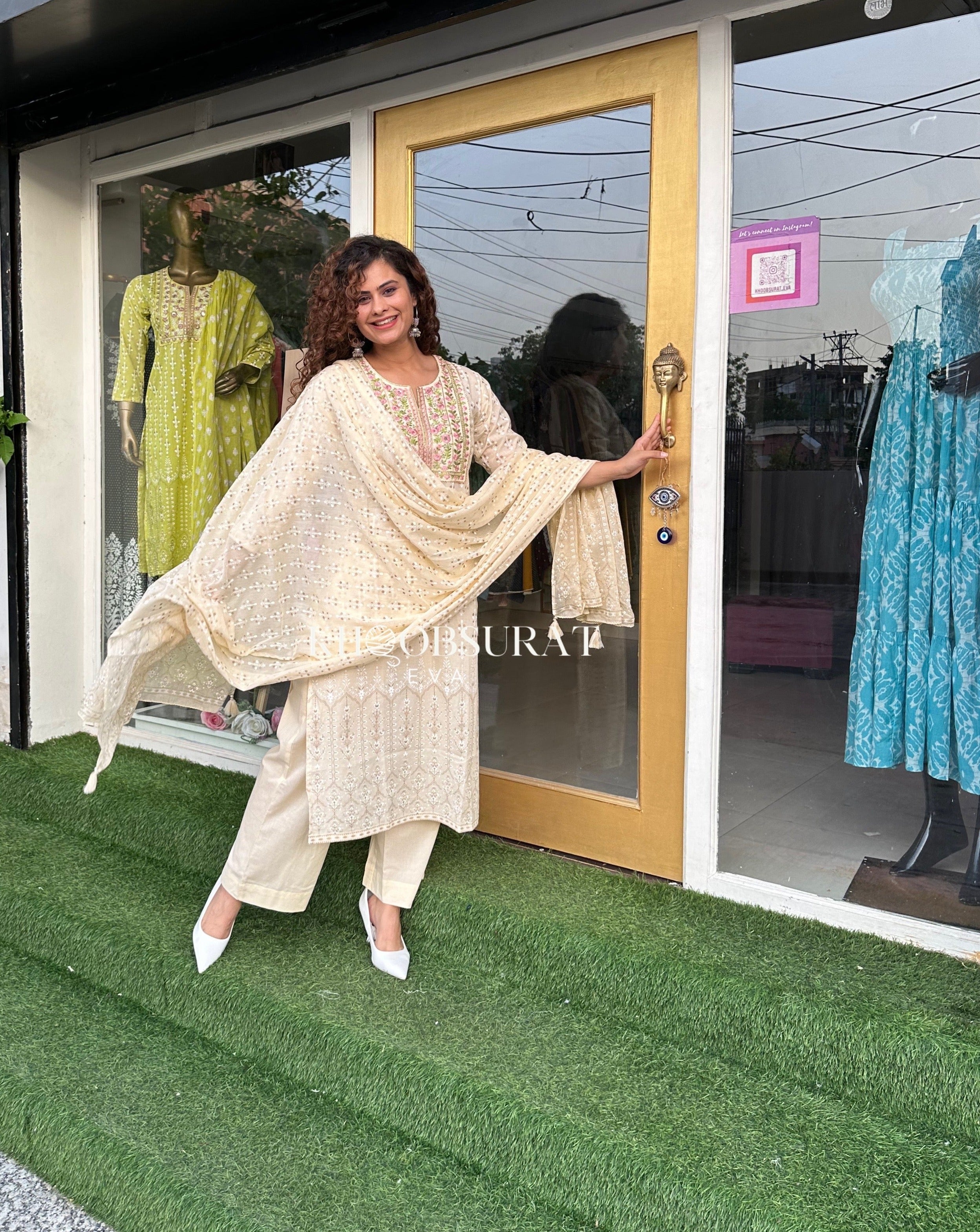 Tanishka Cream Embroidered Kurta Suit Set for Women | Traditional Indian Ethnic Wear | Perfect for Festivals, Weddings & Special Occasions
