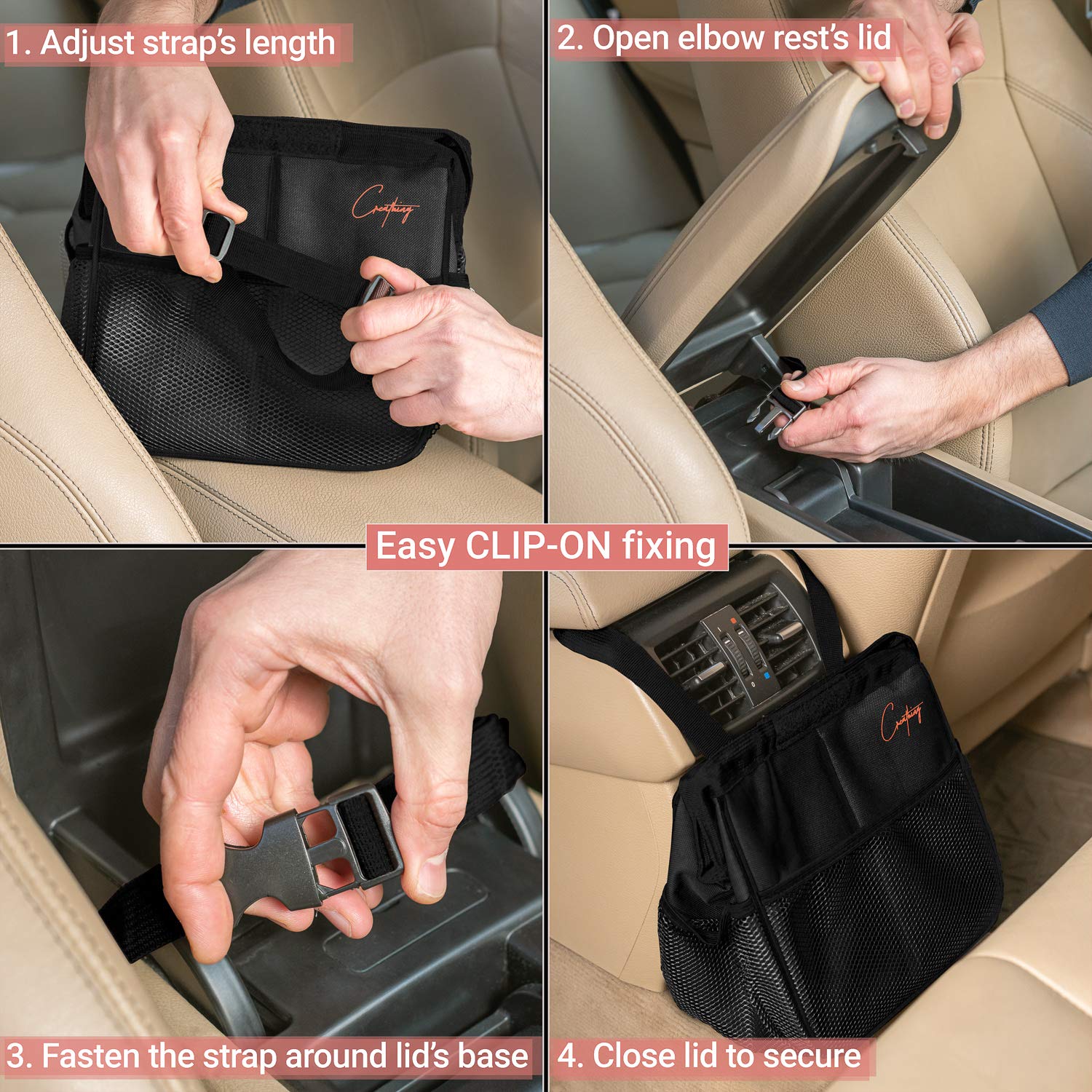 Foldable Waterproof Car Trash Can - 2 Gallon Organizer Bag for Console & Seat | Medium Black Auto Garbage Bin | Perfect for Road Trips, Commuting & Keeping Your Vehicle Clean