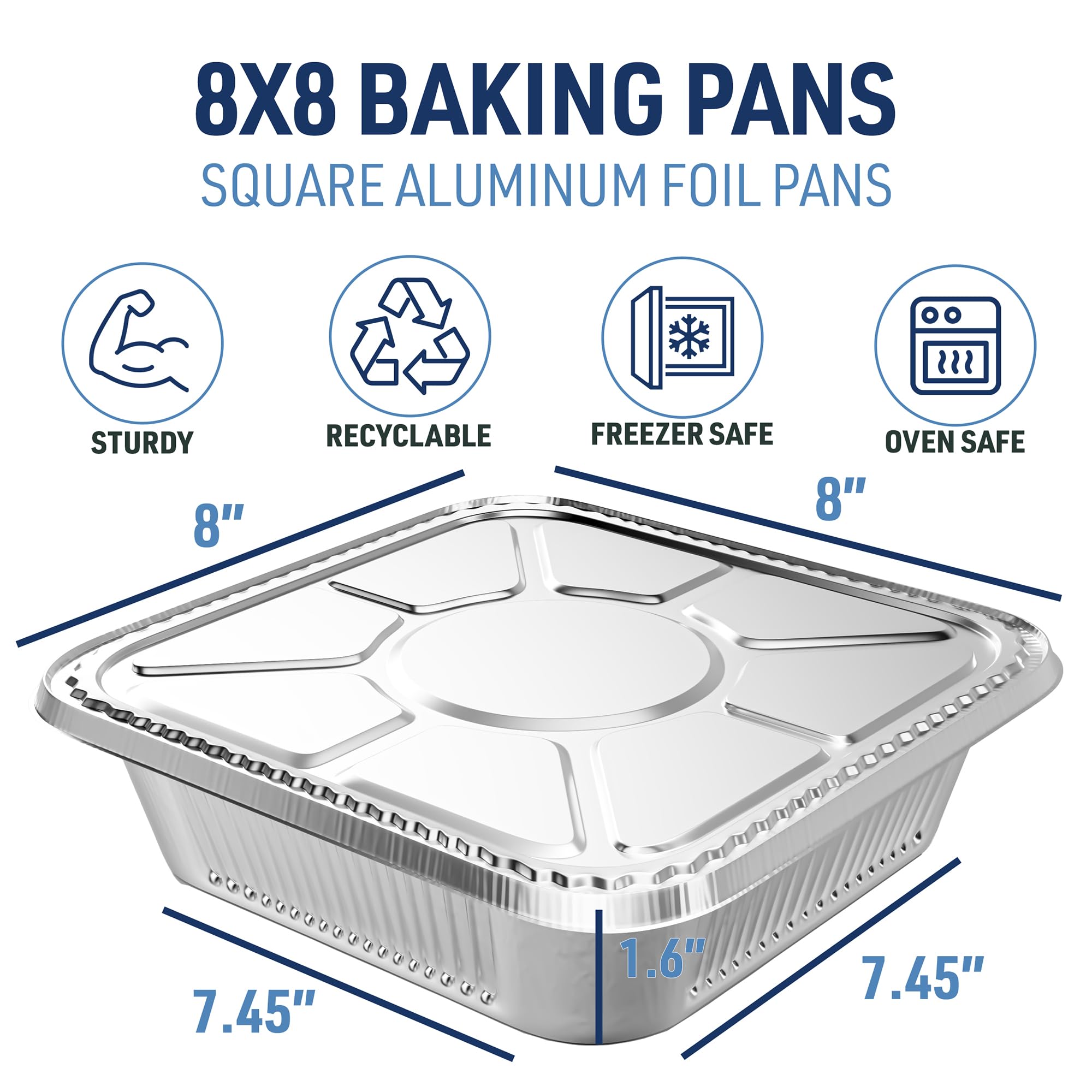 DOBI 8x8 Aluminum Foil Pans with Lids (20 Pack) - 8 Inch Disposable Square Baking Pans for Cake, Casserole, Lasagna, Meatloaf & Brownies - Standard Size 8