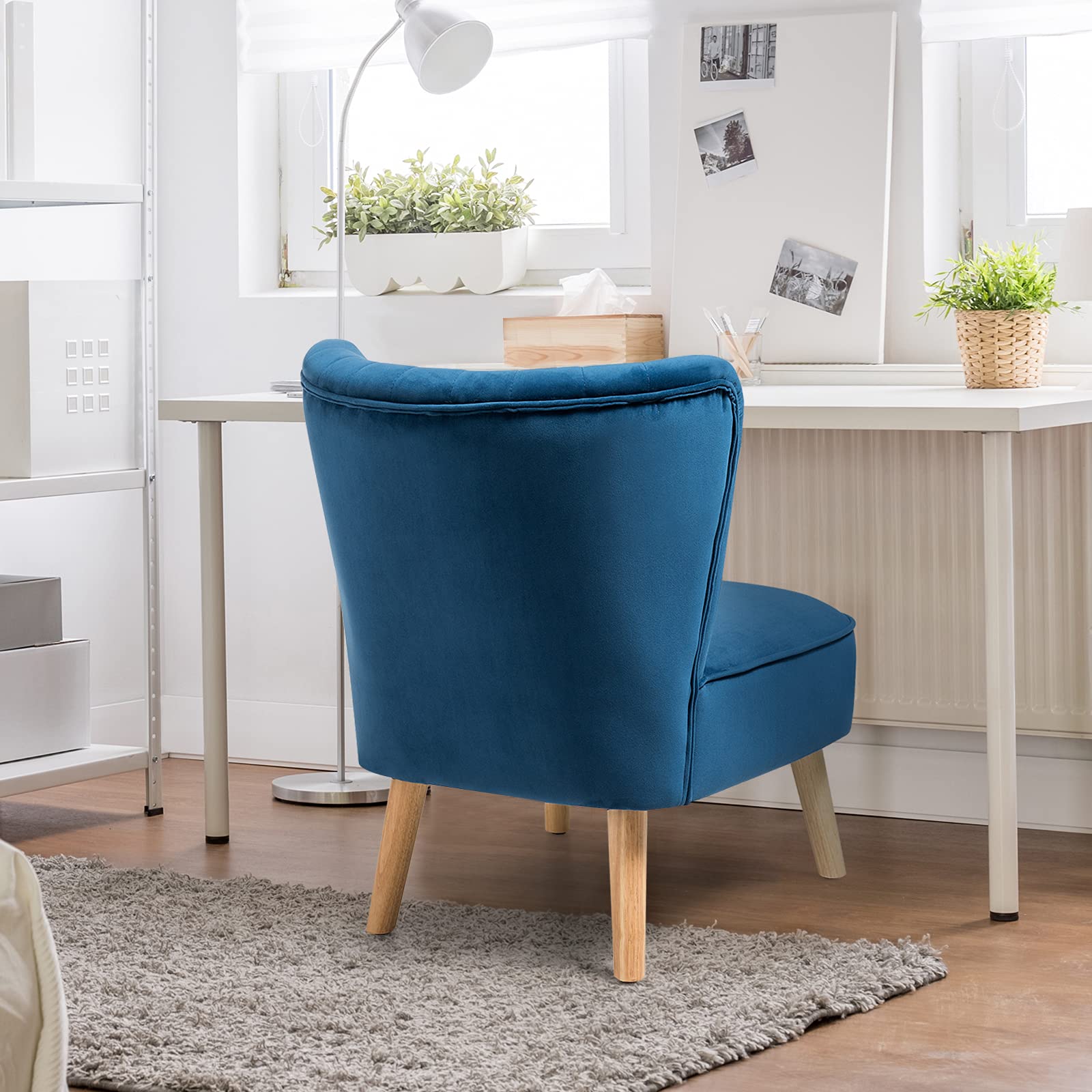 Velvet Modern Armless Accent Chair with Rubber Wood Legs & Thick Sponge Seat - Upholstered Wingback Leisure Sofa for Living Room, Bedroom & Office - Blue Comfort Chair for Relaxing, Reading & Small Space Decor