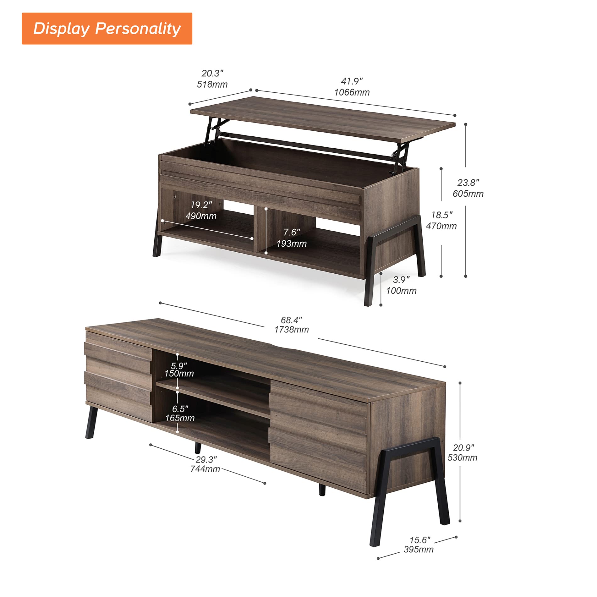 WAMPAT 2-Piece Lift Top Coffee Table Set with Storage for Living Room & Bedroom - Espresso Finish