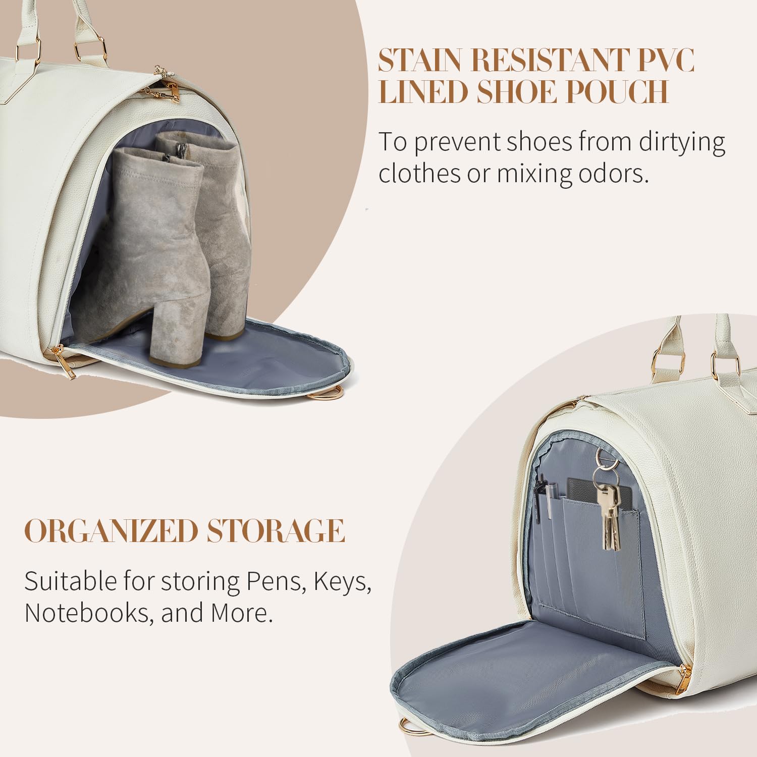 2-in-1 Hanging Suitcase & Duffle Bag for Women - Carry On Garment Bag with Shoe Pouch - Perfect for Business Travel, Weddings & Weekend Getaways (A-Beige)