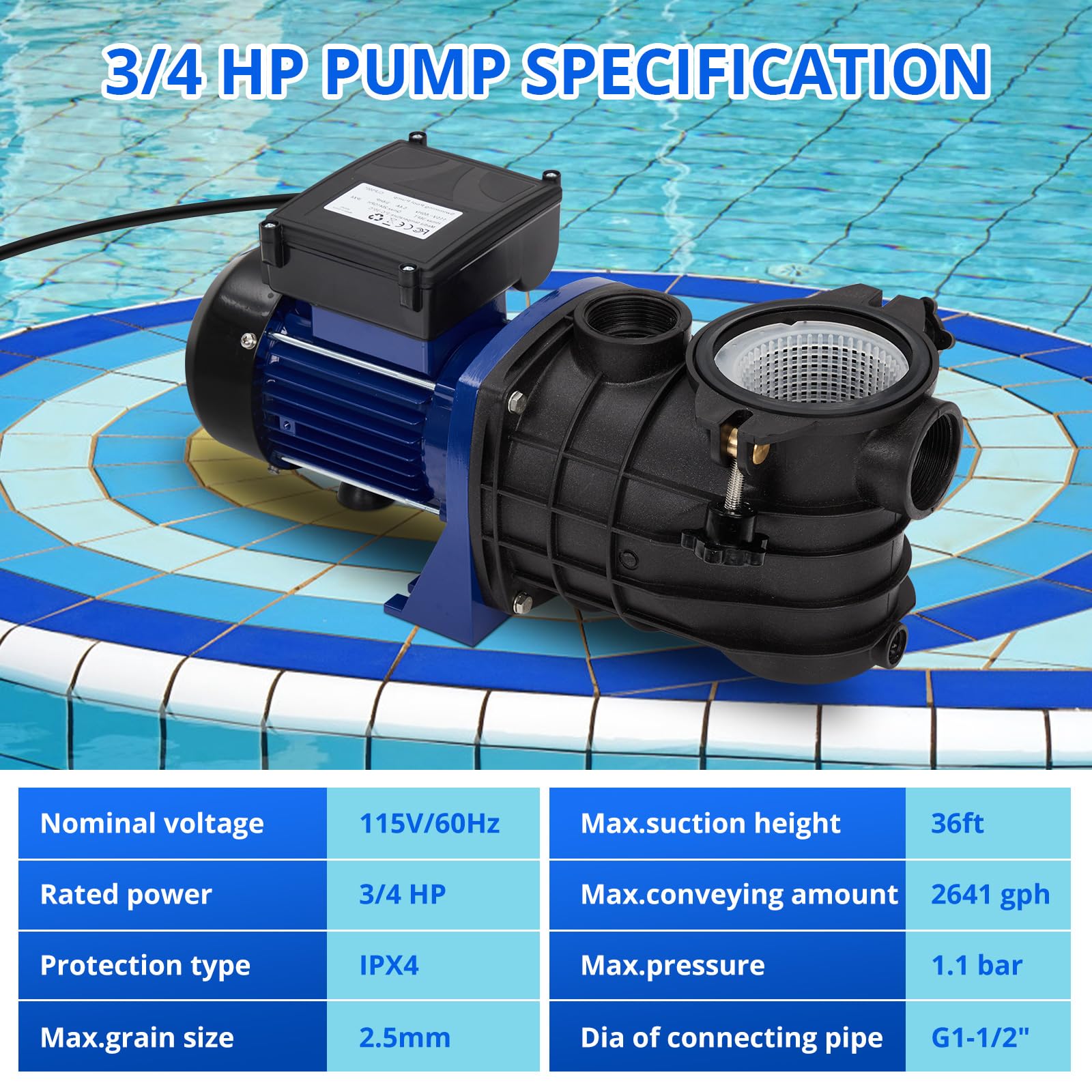 0.75HP Pool Pump for In-Ground & Above Ground Pools - 550W/115V, 2641GPH High Flow, Self-Priming Swimming Pool Water Pump with Filter Basket - Low Noise, Energy Efficient - Perfect for Backyard, Residential & Commercial Pool Maintenance