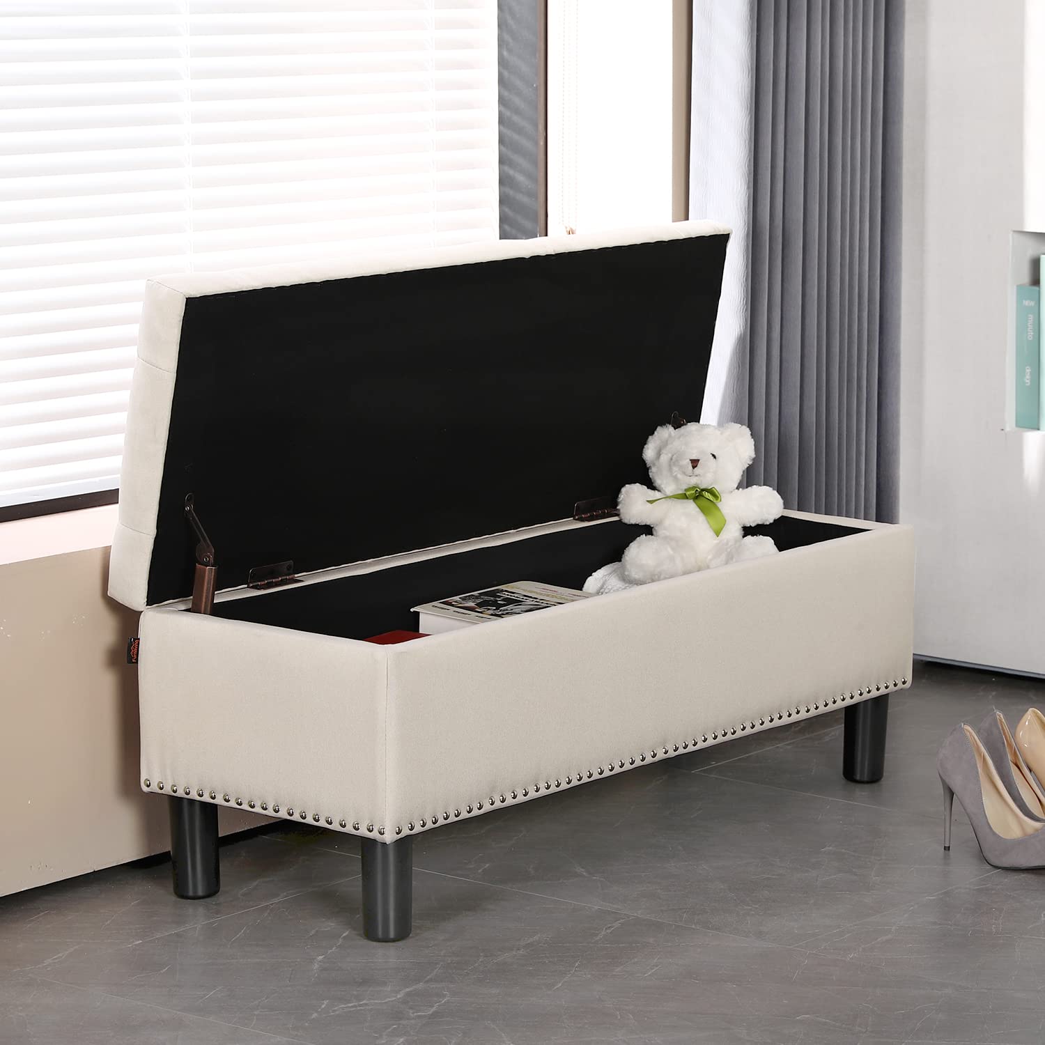 Furnimart 42.5 Inch Upholstered Storage Ottoman Bench with Flip Top - Tufted Linen Blanket Chest for Bedroom, Living Room & Entryway - Beige | Space-Saving Furniture for Small Spaces & Home Organization