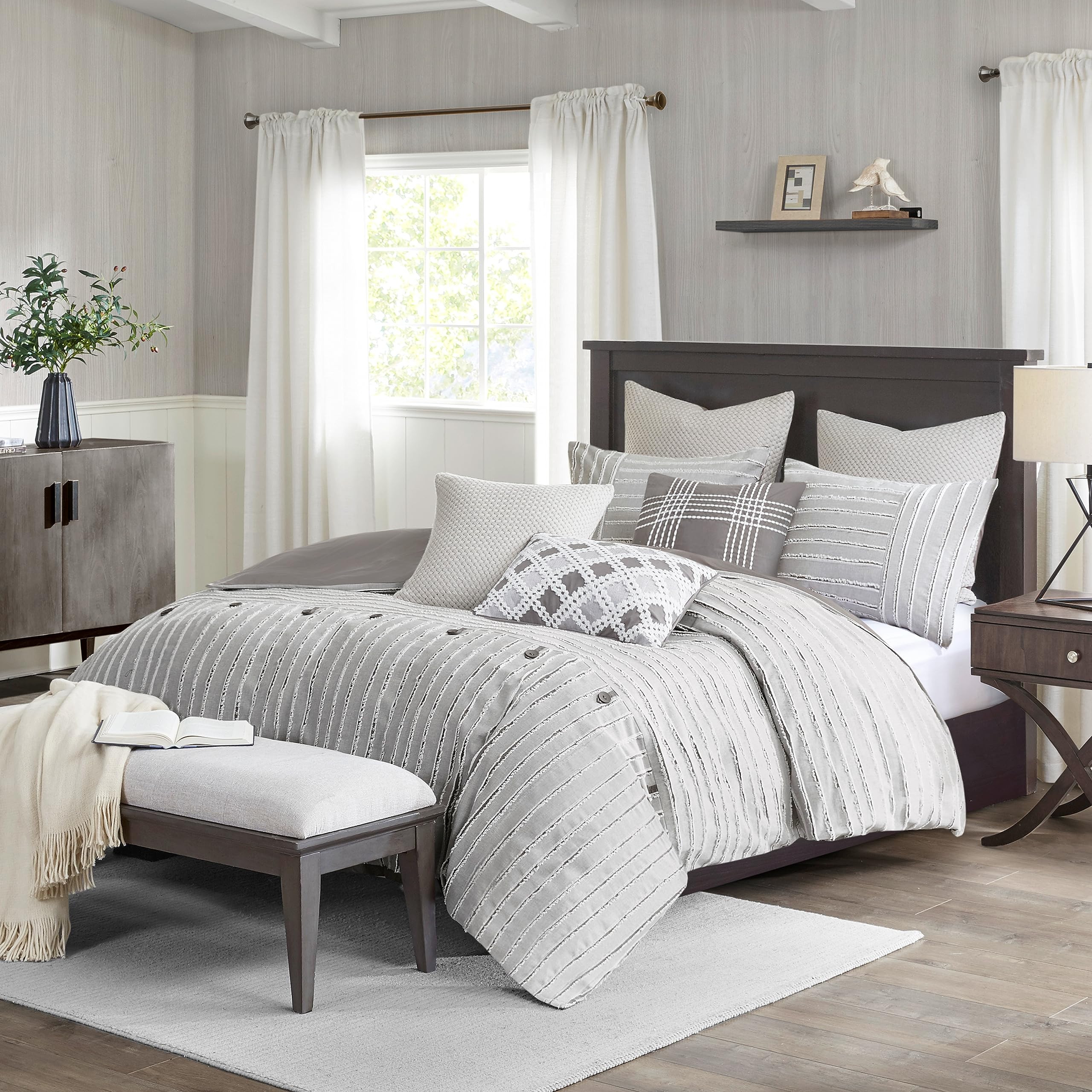Madison Park Signature Queen Comforter Set - 100% Cotton Removable Duvet Cover with Insert, Farmhouse Bedding, Textured Stripe Jacquard Accent (8-Piece, Grey) | Perfect for Cozy Farmhouse Bedrooms & Guest Room Decor