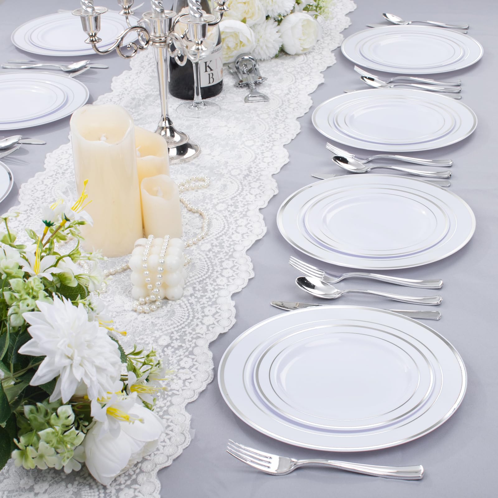 300-Piece Silver Plastic Dinnerware Set - 60 Disposable 10.25