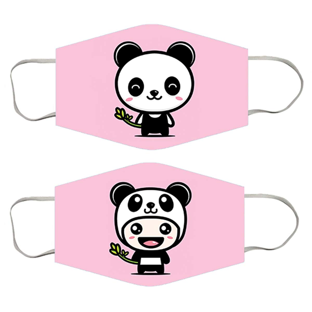 Cute Panda Cartoon Anti-Pollution 2-Layer Kids Face Mask Set of 2 - Reusable Washable Breathable Face Cover for Children Girls Boys - Perfect for School, Outdoor Activities & Air Pollution Protection