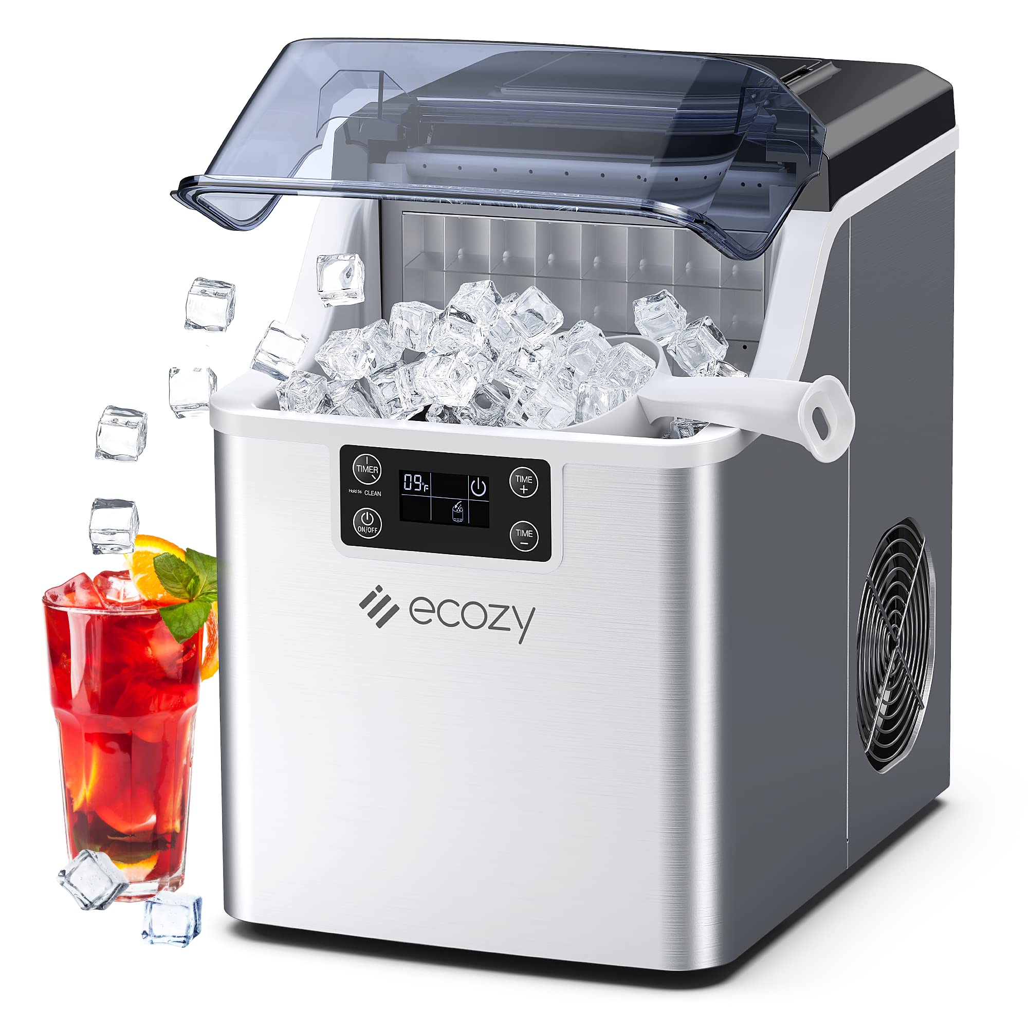 Ecozy Portable Countertop Ice Maker Machine - 45lbs Daily, 24 Cubes in 13 Mins, Stainless Steel, Auto Self-Cleaning with Ice Scoop & Bags - Perfect for Kitchen, Office, Bar, RV, Camping & Parties