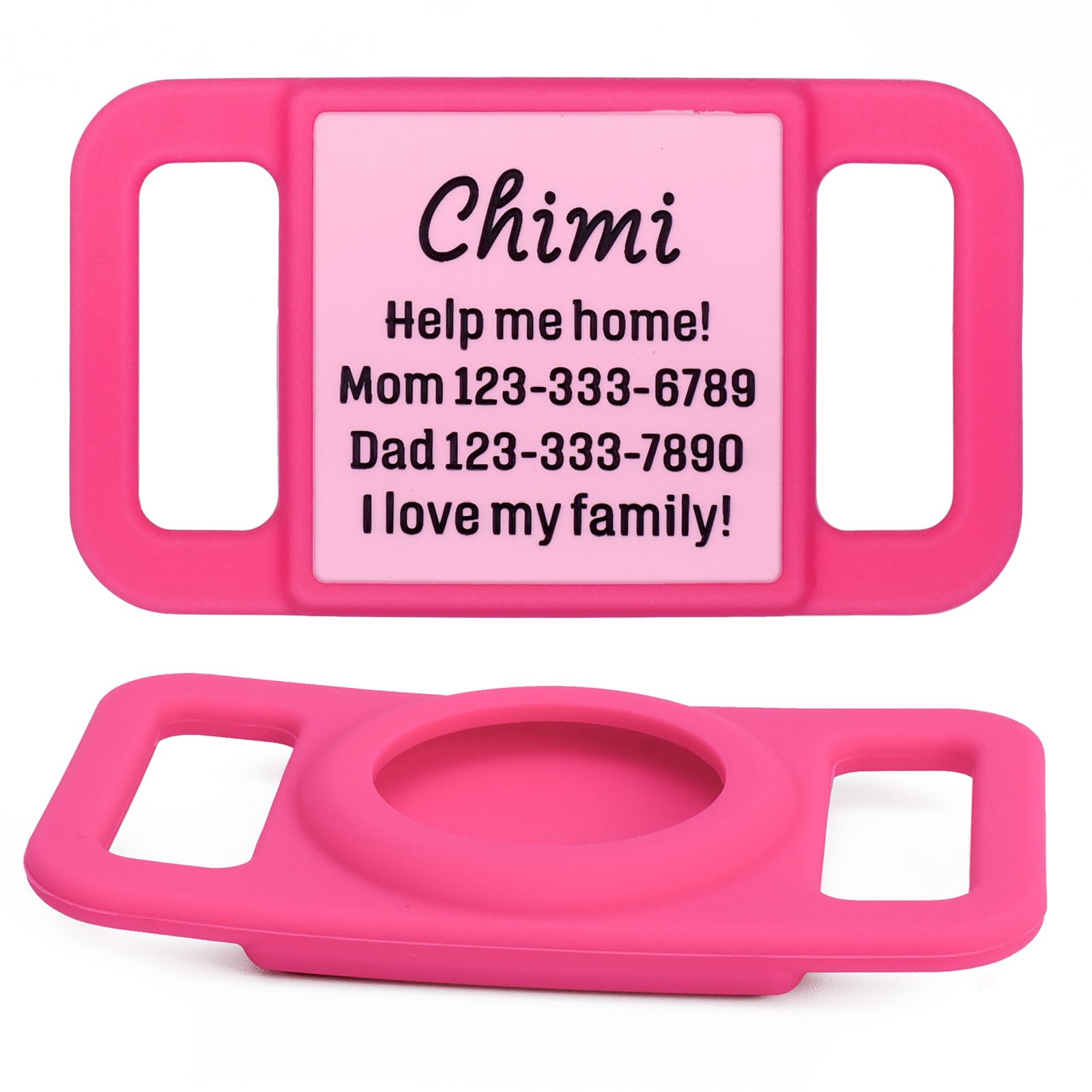 Personalized AirTag Dog Collar Holder - Custom Engraved Pet ID Tag with Silent Silicone Case | Soft, Elastic & Easy to Install | Perfect for Small, Medium & Large Dogs | Waterproof & Durable for Daily Walks, Hiking & Outdoor Adventures (Pink)