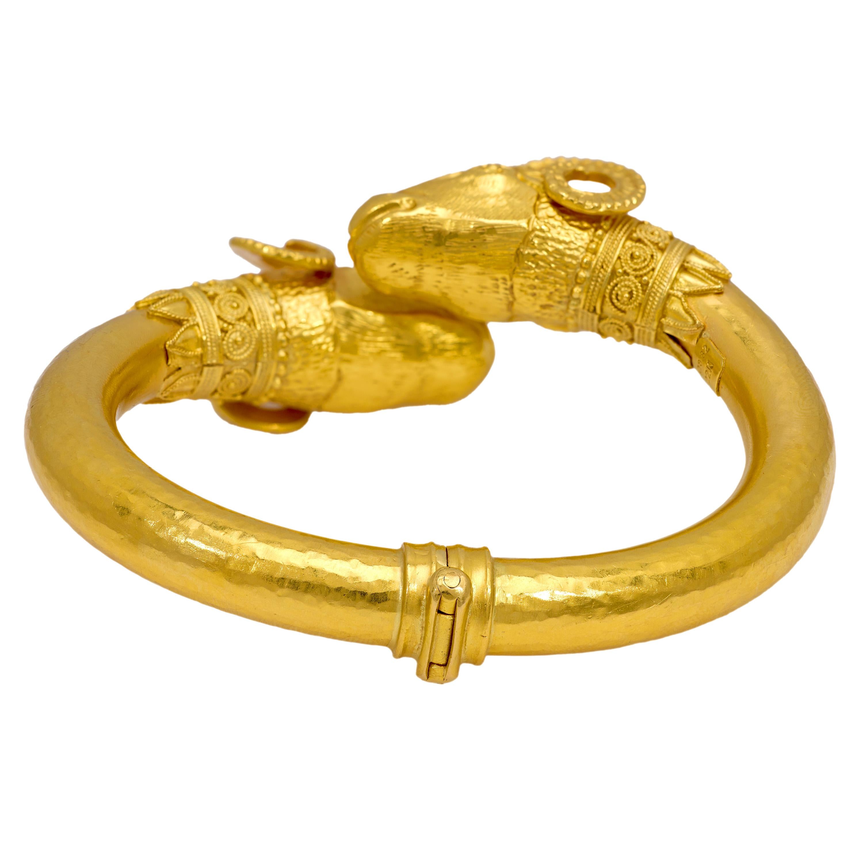 Vintage Greek 22k Yellow Gold Ram Head Bangle Bracelet - Handmade Ancient Mythology Jewelry for Women - Perfect for Boho Fashion, Greek Themed Parties & Spiritual Gifts