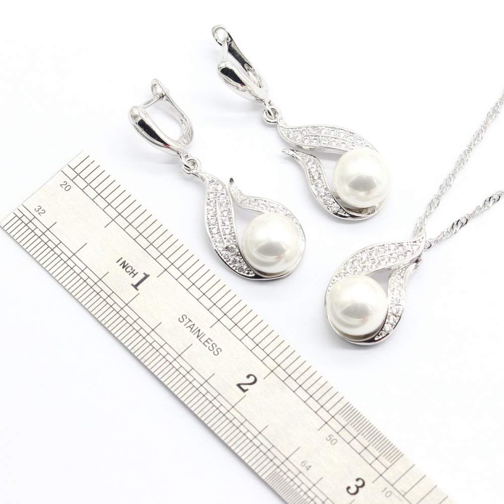 Elegant White Freshwater Pearl Jewelry Set for Women - Sterling Silver & White Gold Plated Necklace, Drop Earrings & Rings - Perfect for Weddings, Bridal Parties & Special Occasions