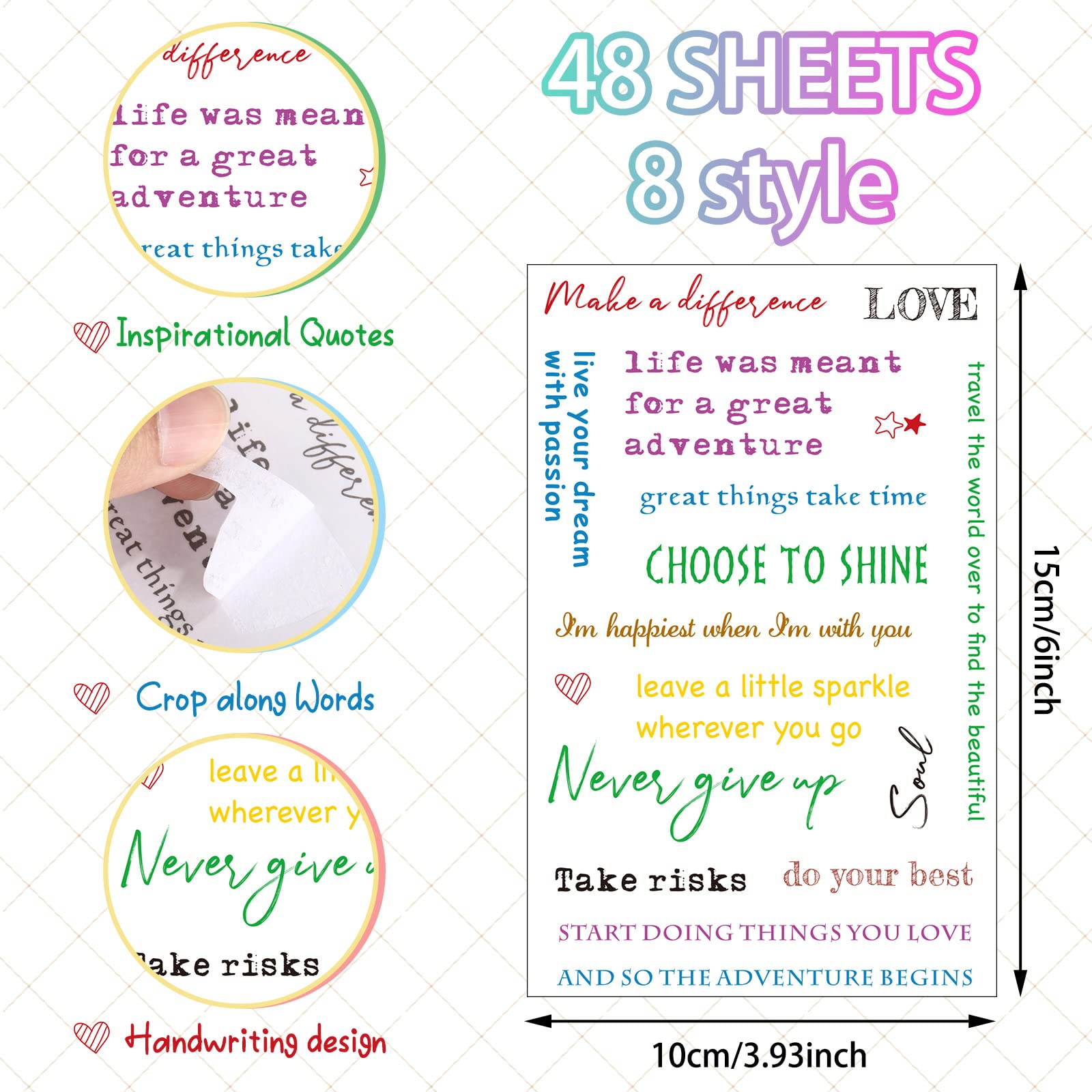 48 Sheets Inspirational Quote Stickers for Planners - Motivational Words, Handwritten Letters, 8 Colorful Styles - Perfect for Journaling, Scrapbooking, Bullet Journals & DIY Craft Projects