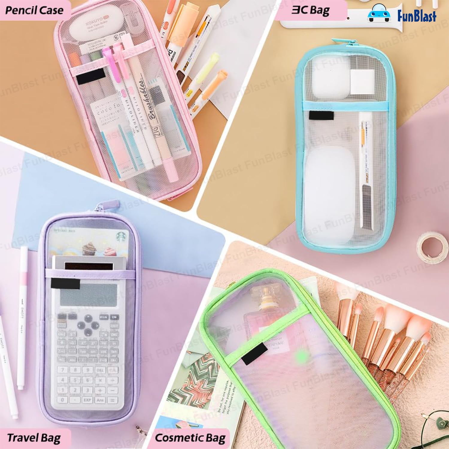 FunBlast Transparent Zipper Pencil Case - Large Capacity Clear Makeup Pouch for School, Office & Travel - Stationery Organizer for Pens, Pencils & Art Supplies (Green) - Perfect for Students, Artists & Professionals