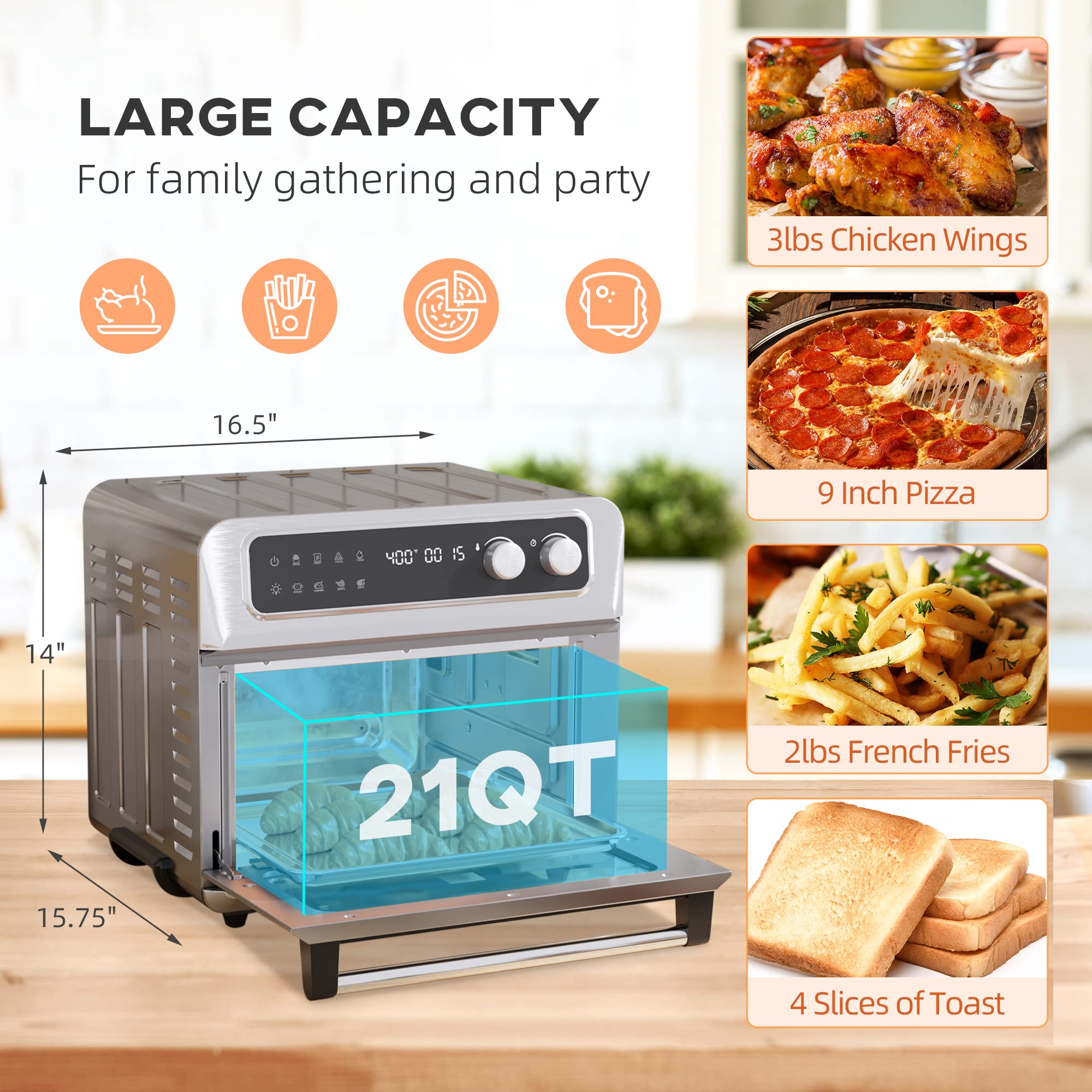 HOMCOM 21QT 8-in-1 Air Fryer Toaster Oven with Convection, Broil, Toast, Dehydrate & Thaw Functions - 1800W Stainless Steel Countertop Oven with Accessories - Perfect for Baking, Roasting & Healthy Air Frying at Home