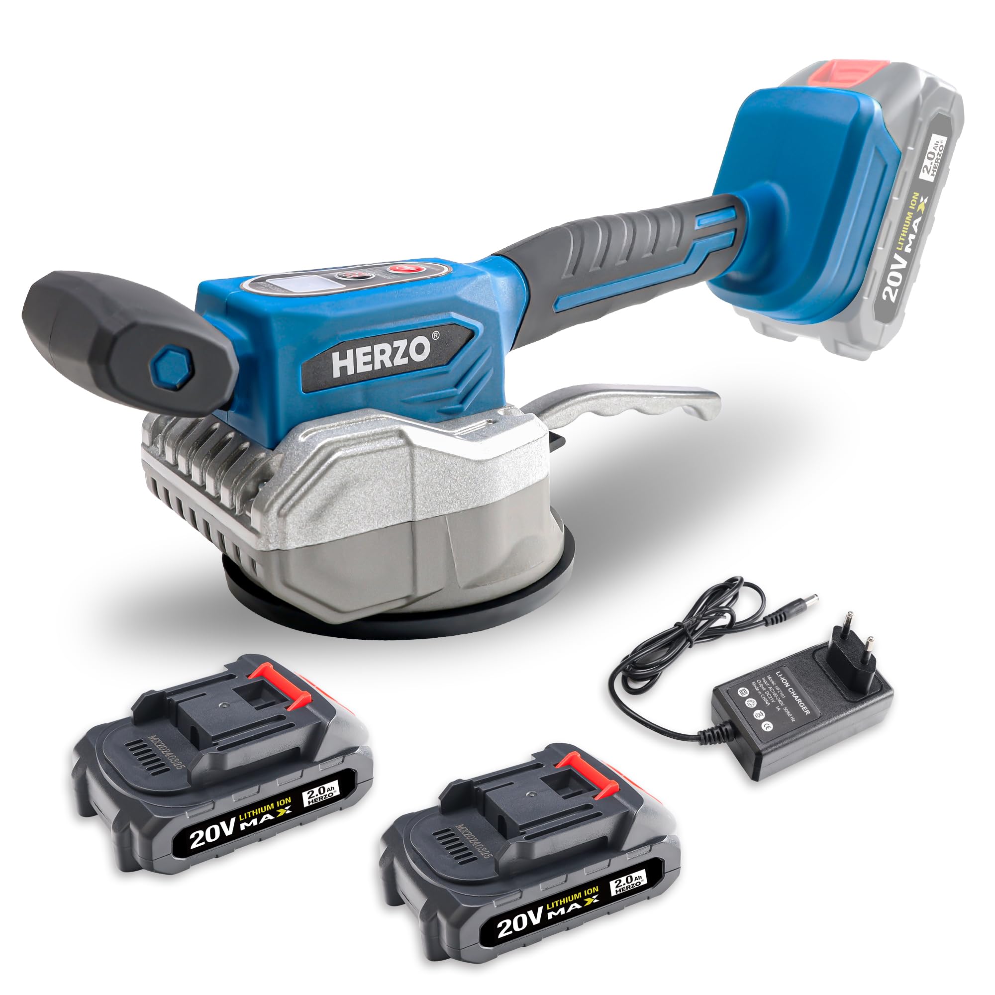 HERZO 20V Tile Vibration Leveling Machine - 12-Speed Adjustable Tiler Vibrator with Digital Display, Suction Cup & Lock Design - Perfect for Floor, Wall & Tile Installation (Includes 2 Batteries) - Ideal for DIY Home Renovation & Professional Construction Projects