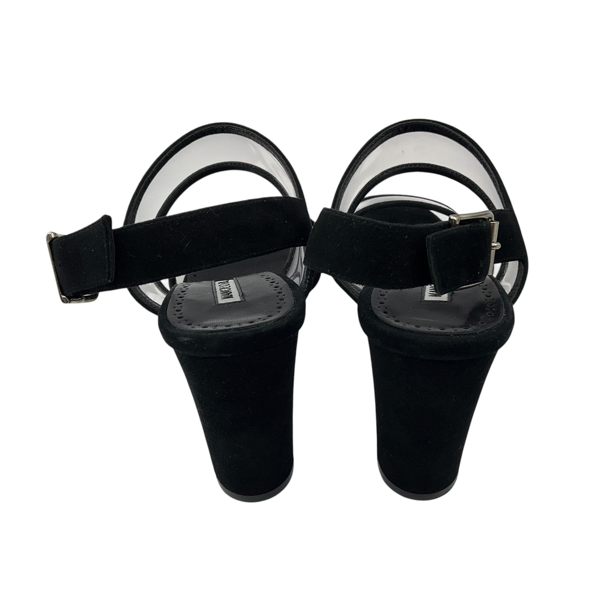 Manolo Blahnik Black Suede & PVC Strappy Sandals for Women - Elegant High Heel Dress Shoes for Weddings, Parties & Evening Events