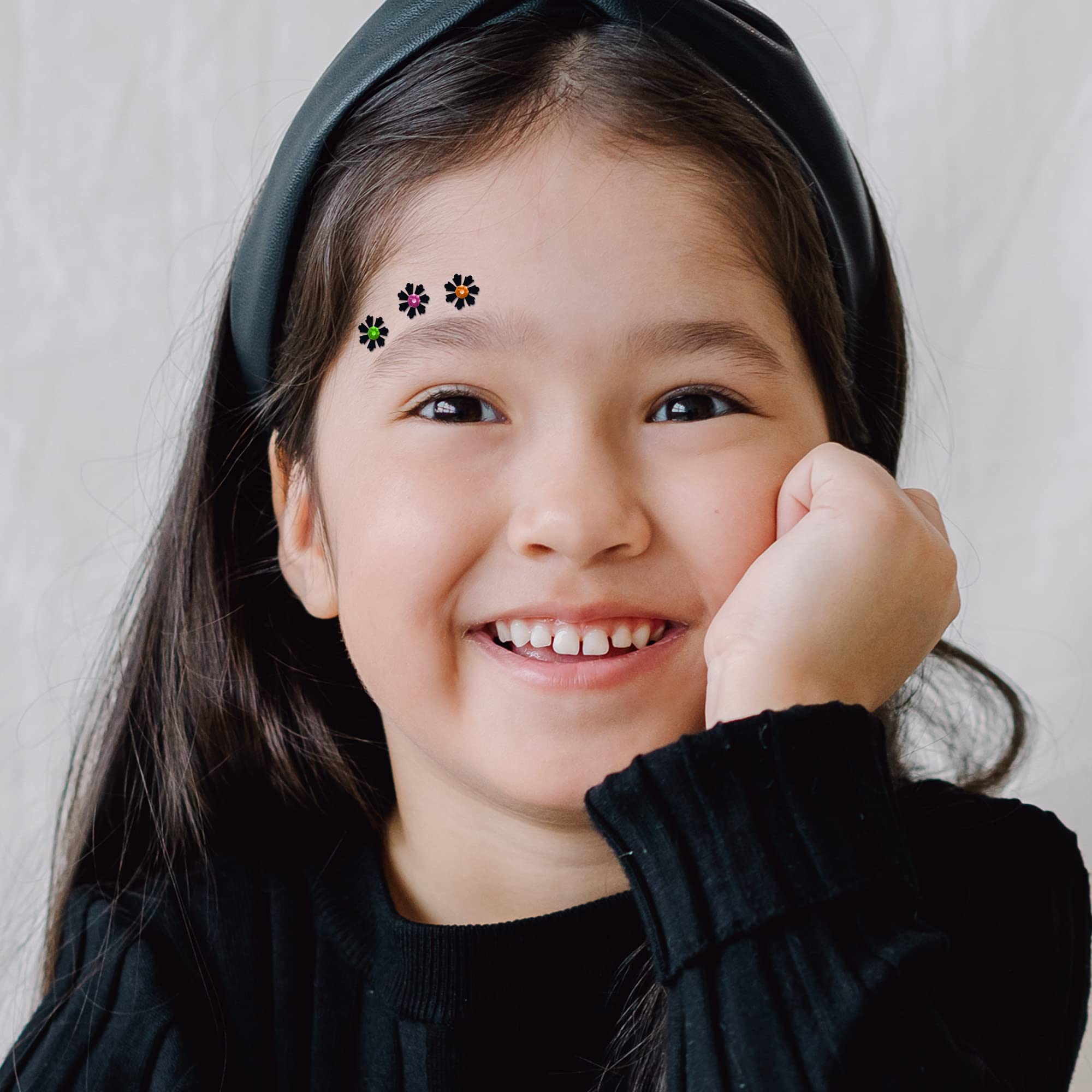 Comet Busters Cute Black Floral Baby Bindis with Colorful Stones - 6mm Kids Face Stickers for Parties, Festivals & Costume Makeup (Pack of BB053)