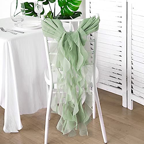 10 Sage Green Curly Chiffon Chair Sashes Bows - Wedding Ceremony Reception Decorations, Bridal Shower Party Supplies, Table Decor for Banquet & Garden Events (Wholesale Bulk Pack)