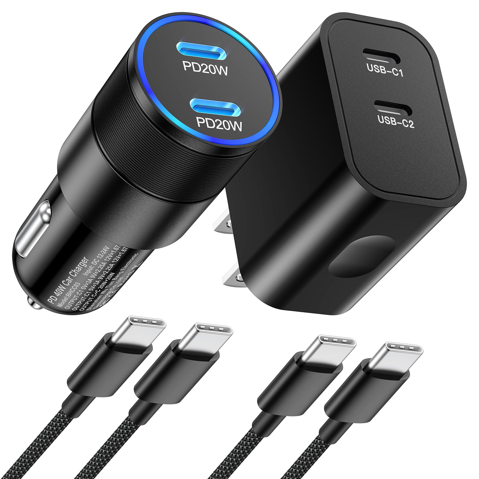 40W Fast Car Charger with Dual USB-C Ports & 20W Wall Charger - Compatible with iPhone 16/16 Plus/16 Pro/16 Pro Max/15/15 Pro Max & iPad - Includes 2 Pack 6ft Cables - Perfect for Road Trips & Daily Commuting