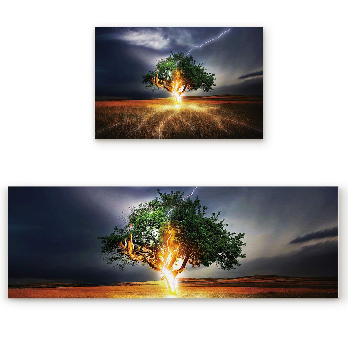 2-Pack Anti-Fatigue Kitchen Runner Rugs with Non-Slip Rubber Backing - Lightning Tree Fire Design Washable Floor Mats (23.6