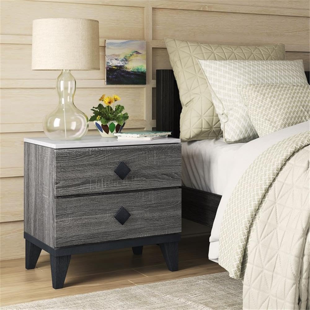 Modern Side Table with 2 Drawers - Marble Top Nightstand for Bedroom, Living Room & Office - Gray Bedside Storage Furniture with Drawers for Home Decor