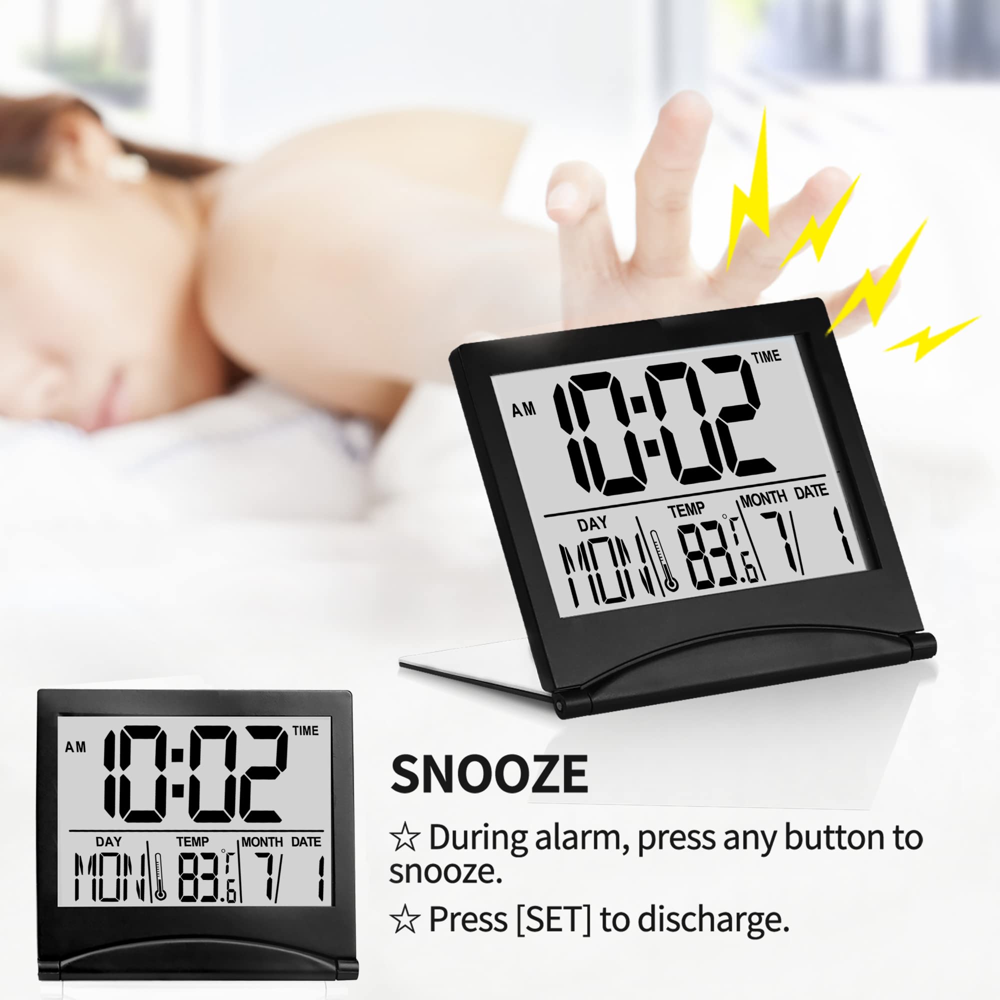 Betus Digital Travel Alarm Clock - Foldable LCD Desk Clock with Calendar, Temperature & Timer, Snooze Mode - Large Display Battery Operated Compact Clock for Home, Office, Travel (Black) - Perfect for Bedrooms, Dorms, Nightstands & Luggage