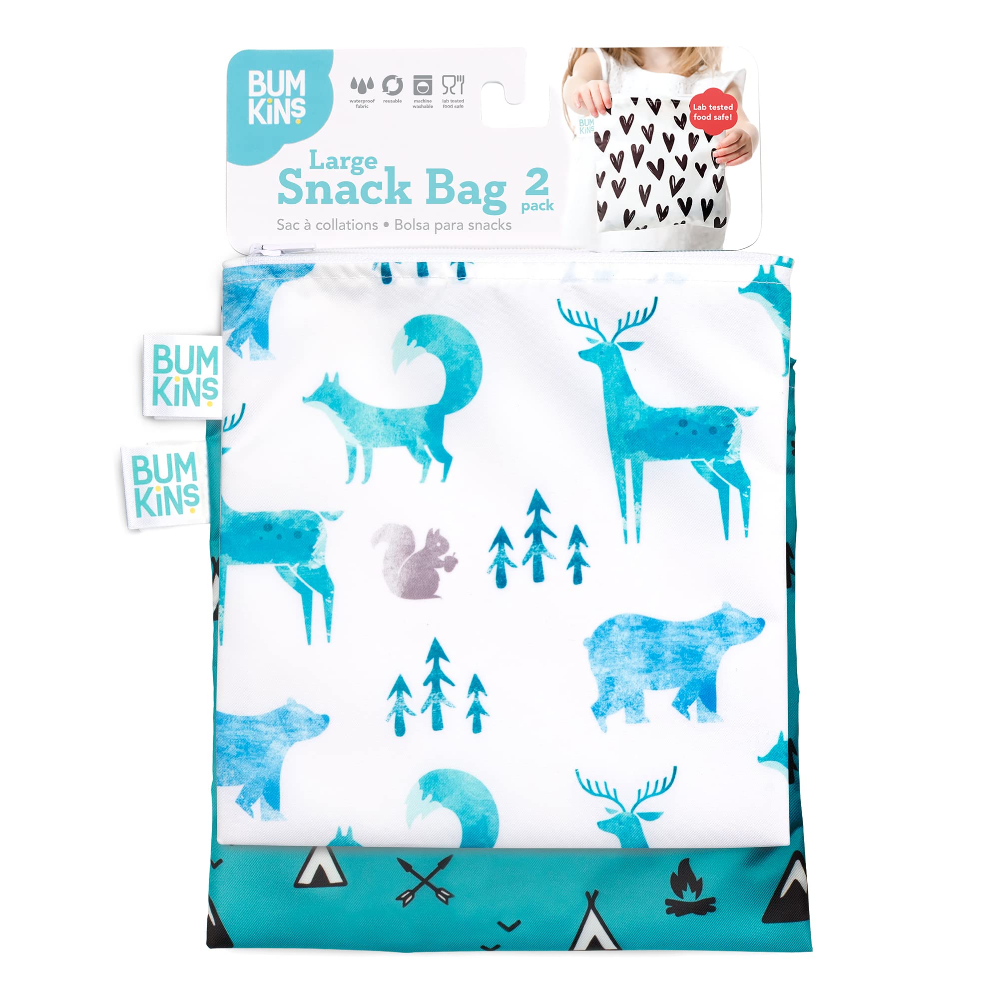 Bumkins Reusable Sandwich Bags & Snack Bags - Washable Fabric Food Storage, BPA Free, Eco-Friendly (7x7 Inches, Wildlife & Outdoor Design, Pack of 2) - Perfect for School Lunches, Picnics, and Travel Snacks