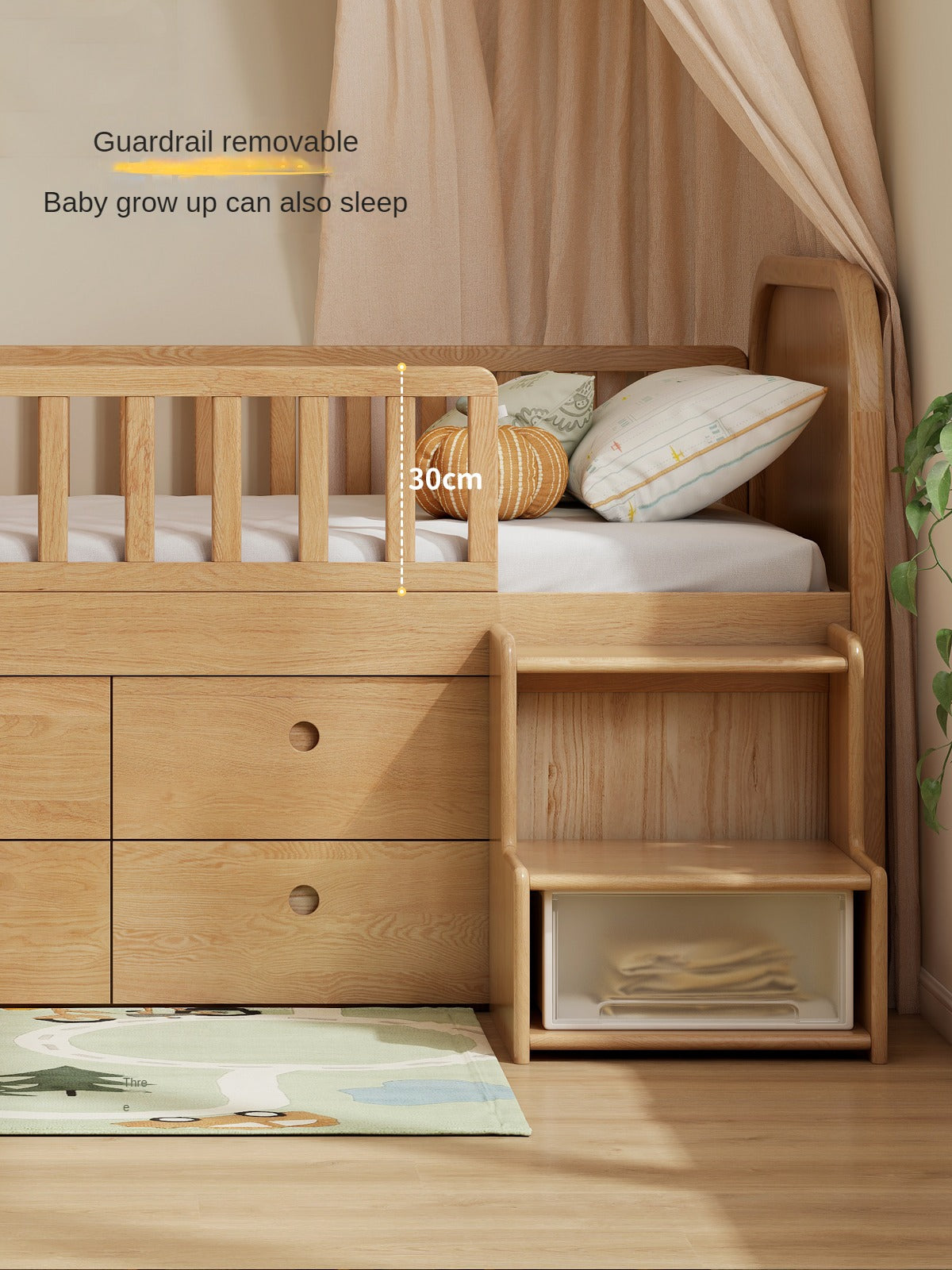 Solid Oak Wood Multi-Function Storage Bed with Wide Underbed Drawers - Perfect for Bedroom Organization & Small Space Living