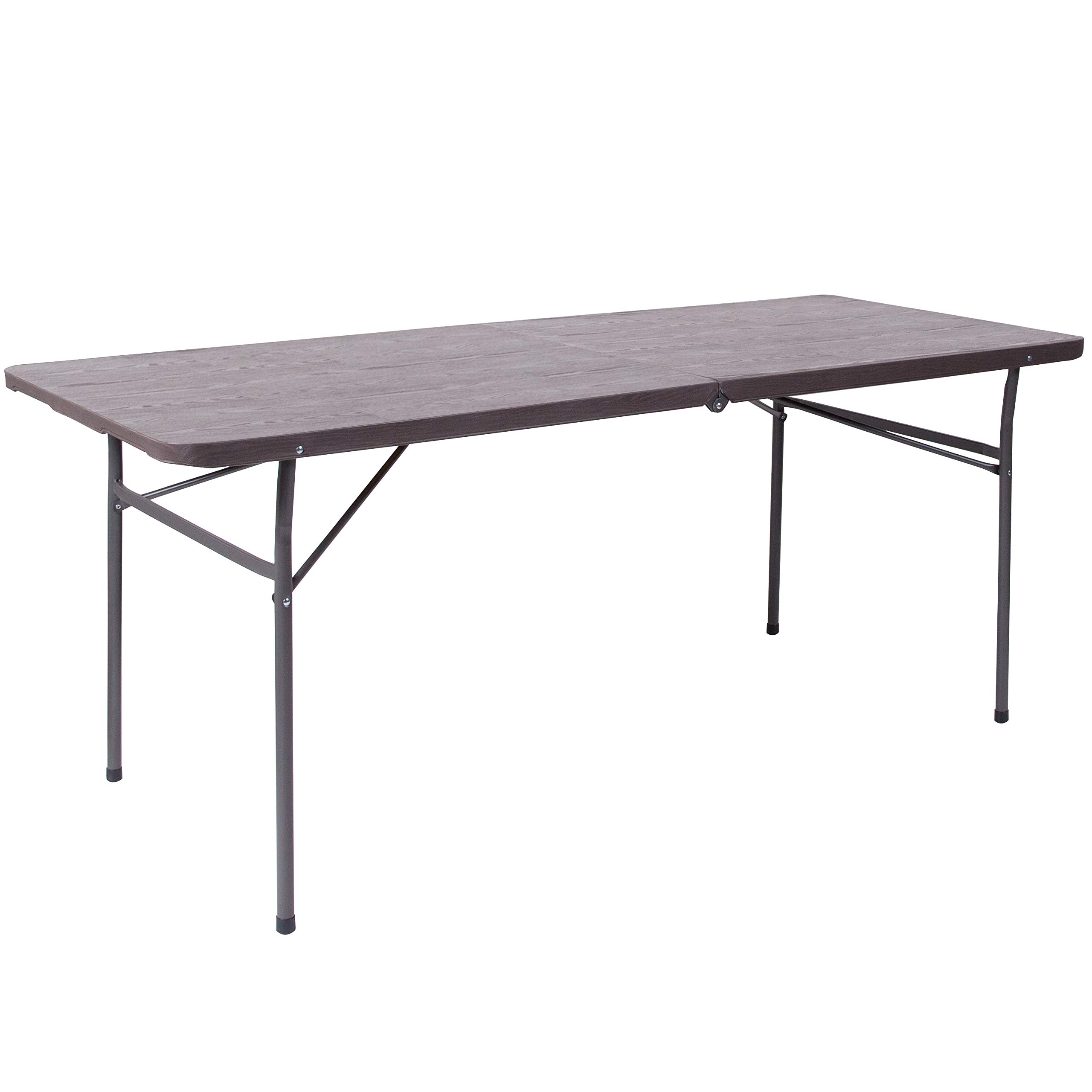 6-Foot Bi-Fold Brown Wood Grain Plastic Folding Table with Carrying Handle - Portable & Sturdy for Parties, Camping, Events & Home Use