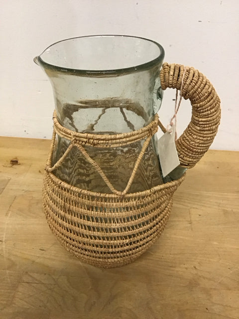 9.5 Inch Glass Wicker Pitcher - Handcrafted Rattan & Glass Pitcher for Iced Tea, Lemonade, and Summer Drinks - Perfect for Outdoor Parties, Picnics, and Home Decor