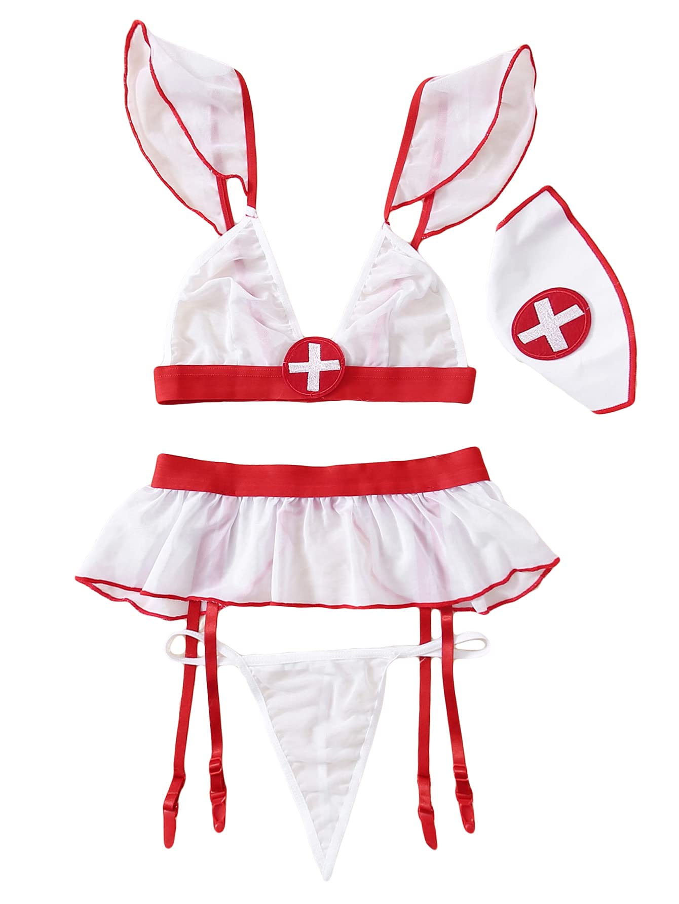 Romwe Women's 4-Piece Sheer Nurse Costume Set - Sexy Cosplay Lingerie with Garter Belt & Headband for Halloween, Role Play, and Boudoir Photography