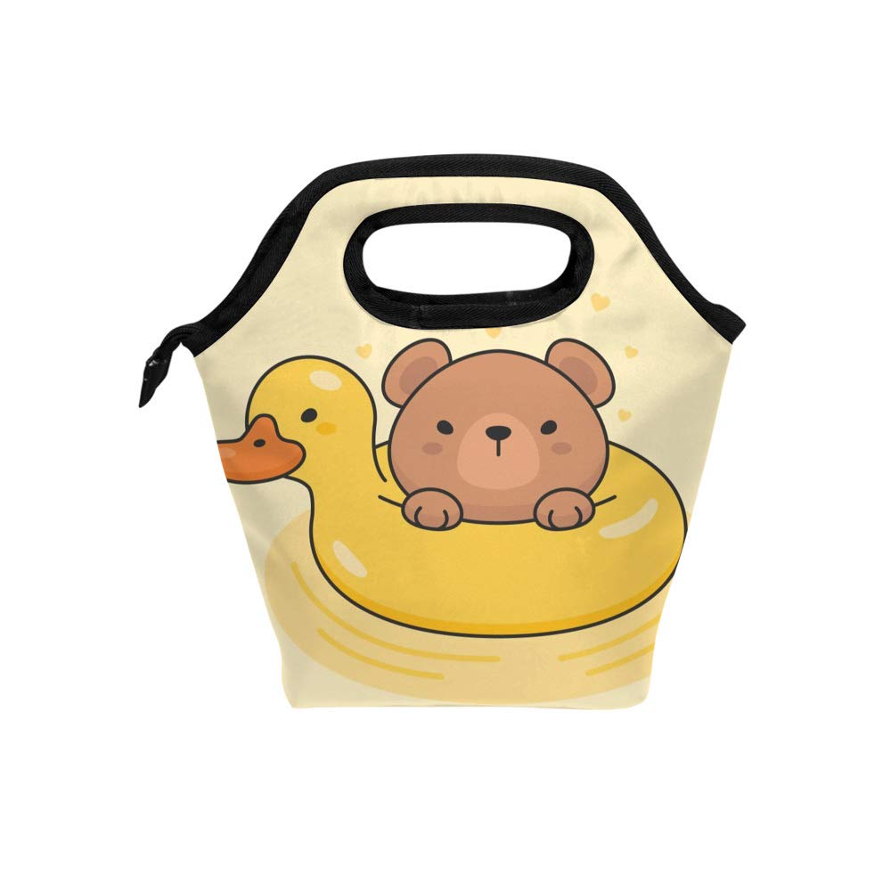 Kuizee Insulated Lunch Bag - Cute Bear Duck Cartoon Design, Thermal Reusable Tote for Work, School, Picnic & Outdoor Travel - 11.5 Inch Food Container (Great for Office Lunches, Kids Meals & Camping Trips)