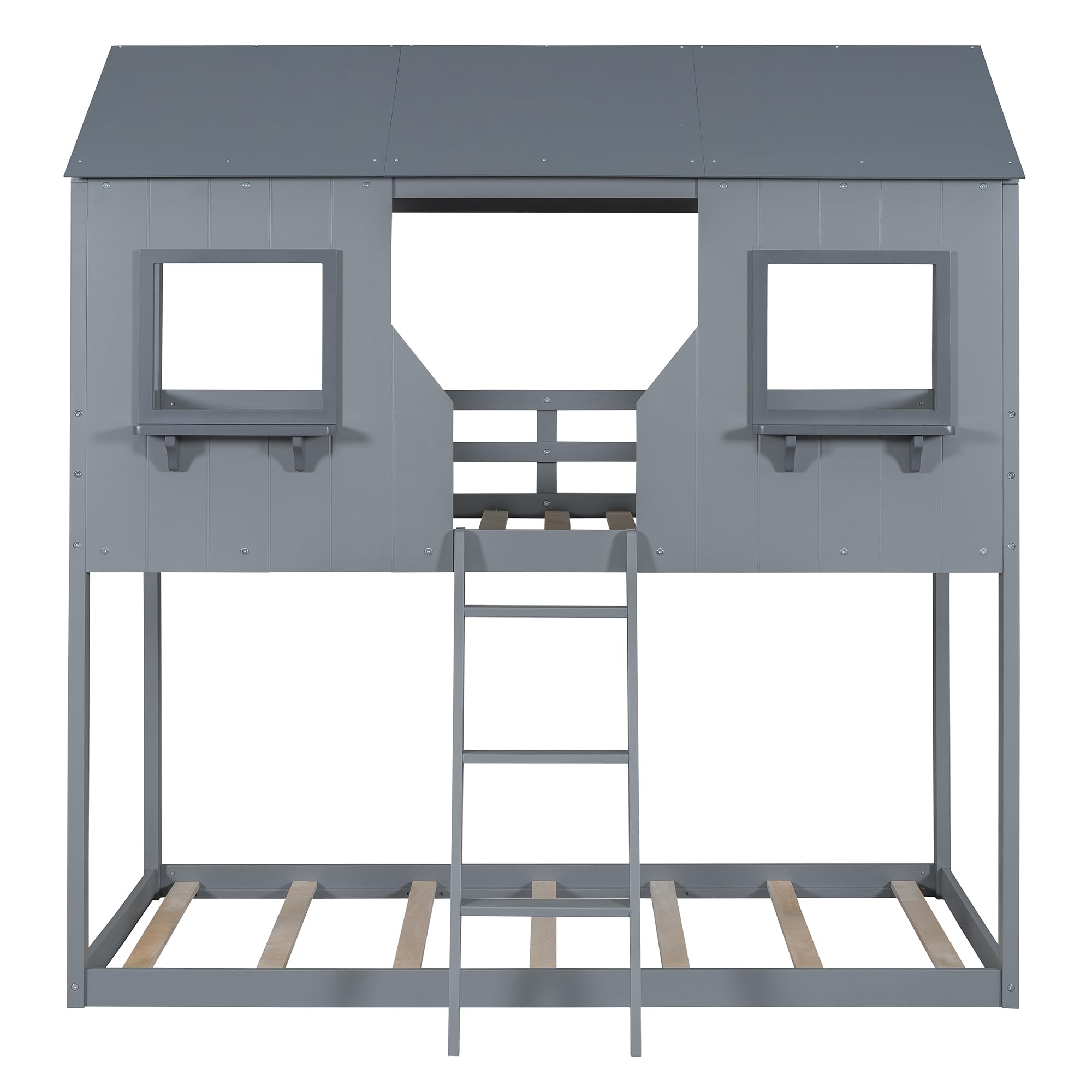 Polibi Twin-Over-Twin Wooden Bunk Bed with Playhouse Design - Farmhouse Style Kids Bunk Bed with Ladder & Safety Guardrails - Space-Saving Grey Bunk Bed for Kids' Bedroom, Playroom or Small Spaces