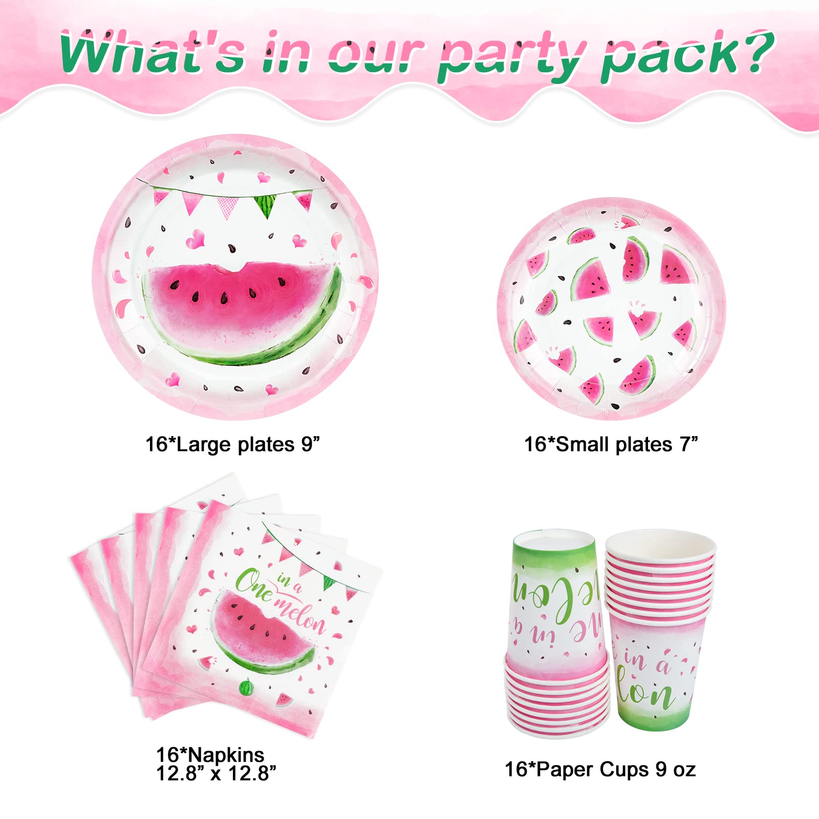 WERNNSAI Watermelon Party Tableware Set - 16-Piece Disposable Pink Watermelon Plates, Napkins & Cups for Birthday, Baby Shower & Summer Parties | 1st Birthday Decorations for Girls | Eco-Friendly Party Supplies for Outdoor Picnics & Backyard Celebrations