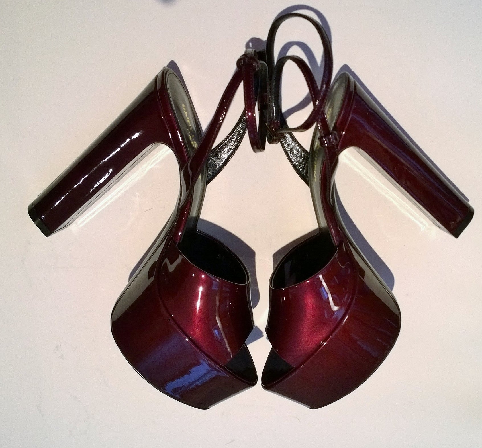 Saint Laurent Jodie Sparkly Burgundy Patent Leather Platform Heels Sandals for Women - Perfect for Parties, Weddings & Evening Events