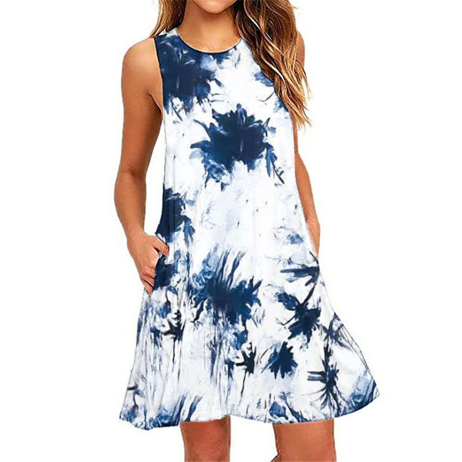 Ruziyoog Women's 2025 Summer Sleeveless Tank Dress - Crewneck Solid Color A-Line Mini Dress with Pockets | Casual Short Dress for Beach, Party & Everyday Wear