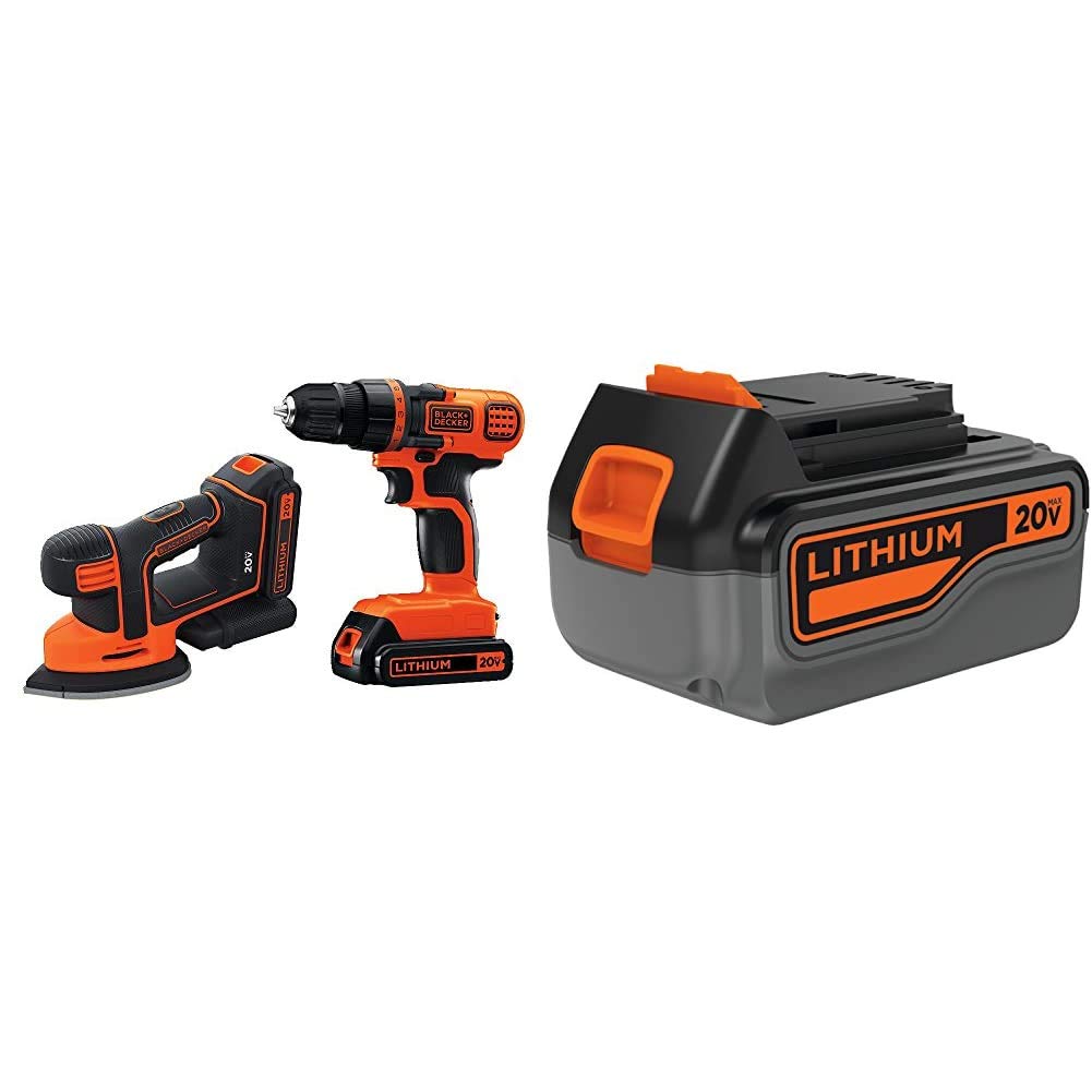 BLACK+DECKER 20V MAX Cordless Drill/Driver Kit with Sander & Extra 4Ah Battery - Power Tool Set for Home DIY, Woodworking, and Construction Projects (BD2KITCDDS & LB2X4020)