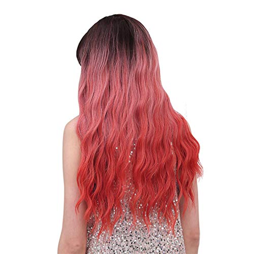 LC2021 Gradient Burgundy Long Wavy Synthetic Hair Wig for Women - Heat Resistant Full Wig with Cap & Bangs (65cm) - Perfect for Cosplay, Daily Wear & Special Occasions